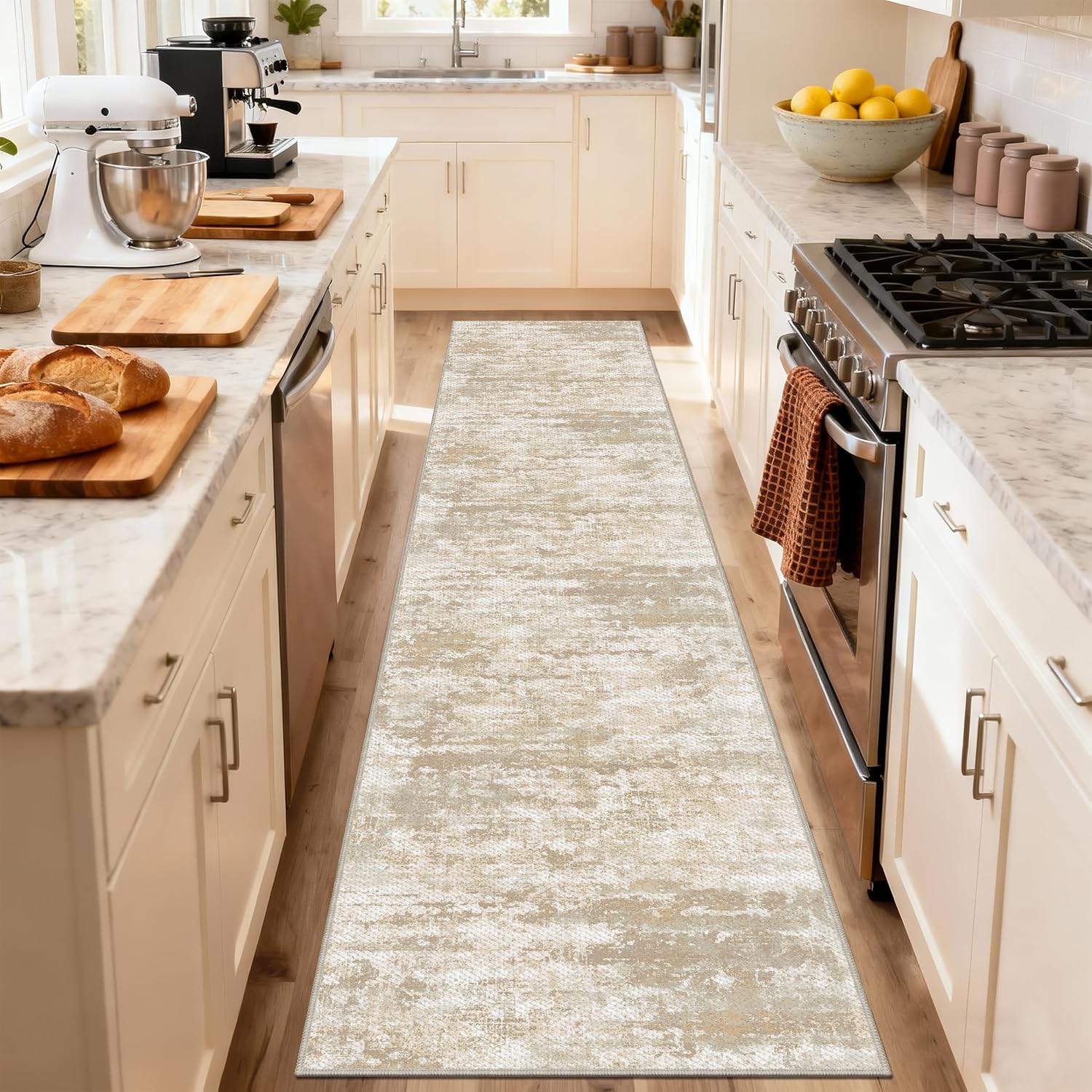 Runners for Hallways Non-Slip 2x10 Long Runner Rugs Washable Abstract Tear and Stain Resistance No Pile Lightweight Modern Rug Runners for Entryway, Kitchen, Walkway, Beige/Yellow