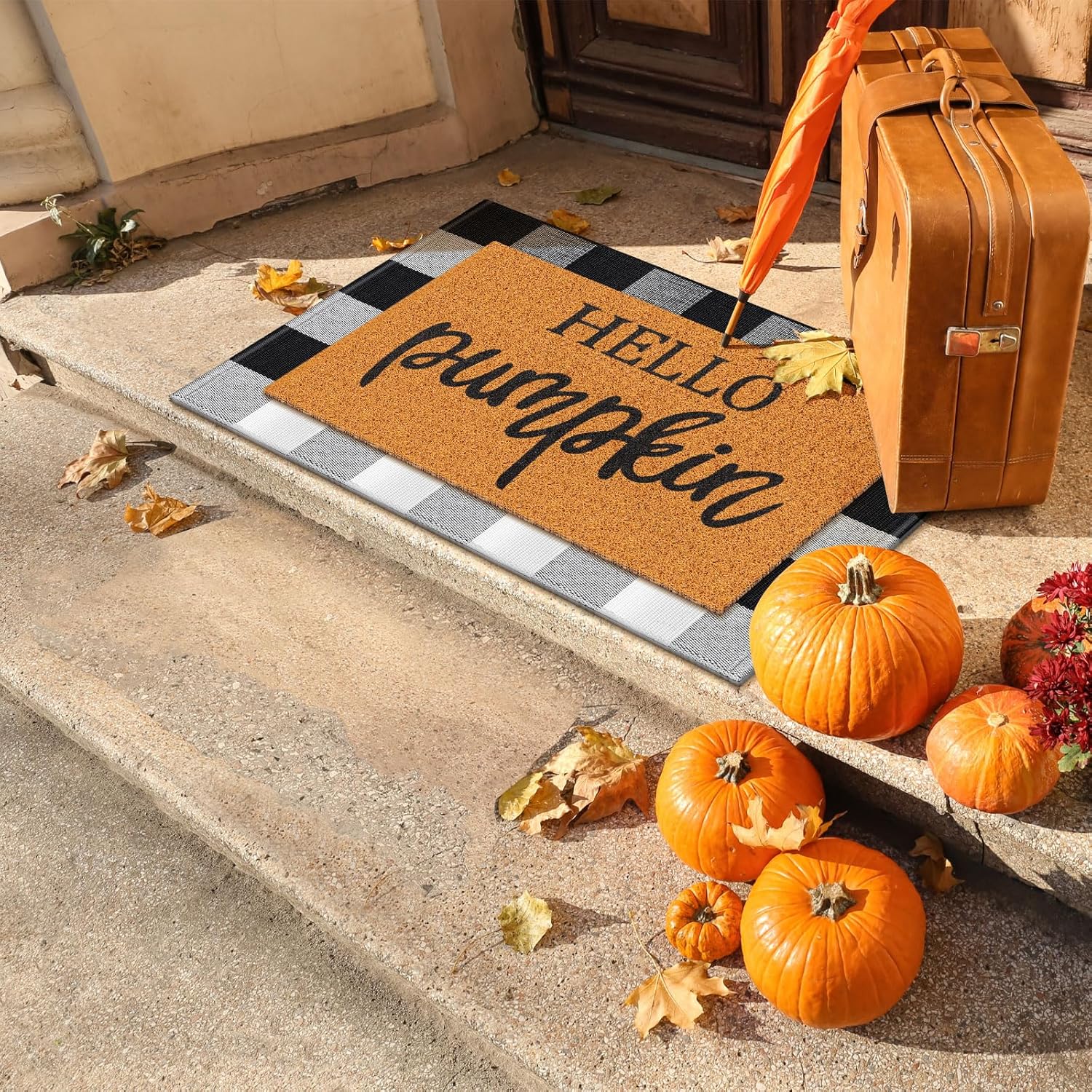 Duraaamo 2 Pcs Fall Door Mat Welcome Doormat Imitation Coir Mats Front Porch Entryway Mats for Fall Autumn Thanksgiving Halloween Indoor Outdoors Decor(Plaid, Hello Pumpkin,Black, White)