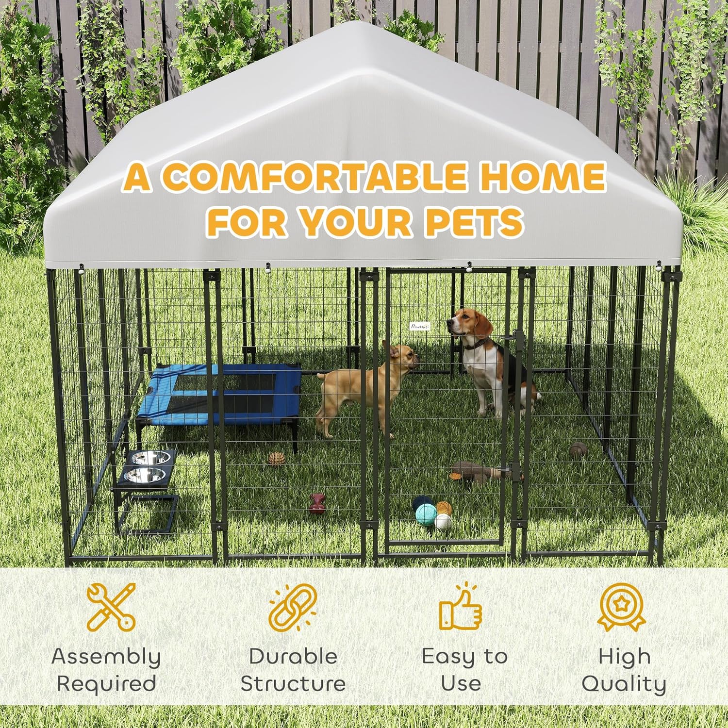 PawHut Outdoor Dog Kennel with Roof, 8' x 8' x 6' Heavy Duty Welded Wire Dog Playpen Enclosure with Escape-Proof Lock, UV-Resistant & Waterproof Cover, for Large Dogs, Chickens, Ducks, Silver