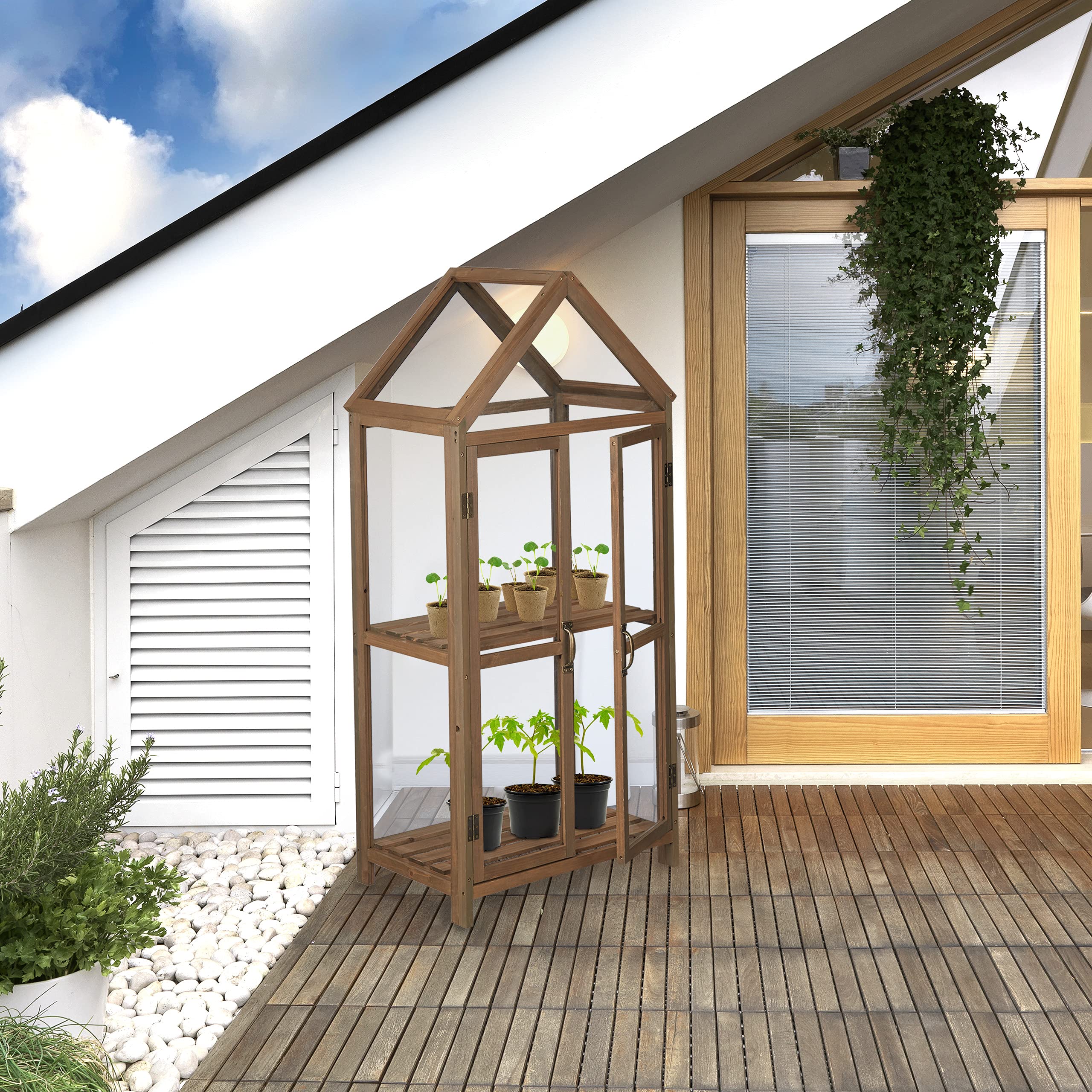 relaxdays Serre Bois Balcon, Bois & Plastique, HLP 146x66x47,5 cm, Double Porte, Culture de Plantes et semis, Marron