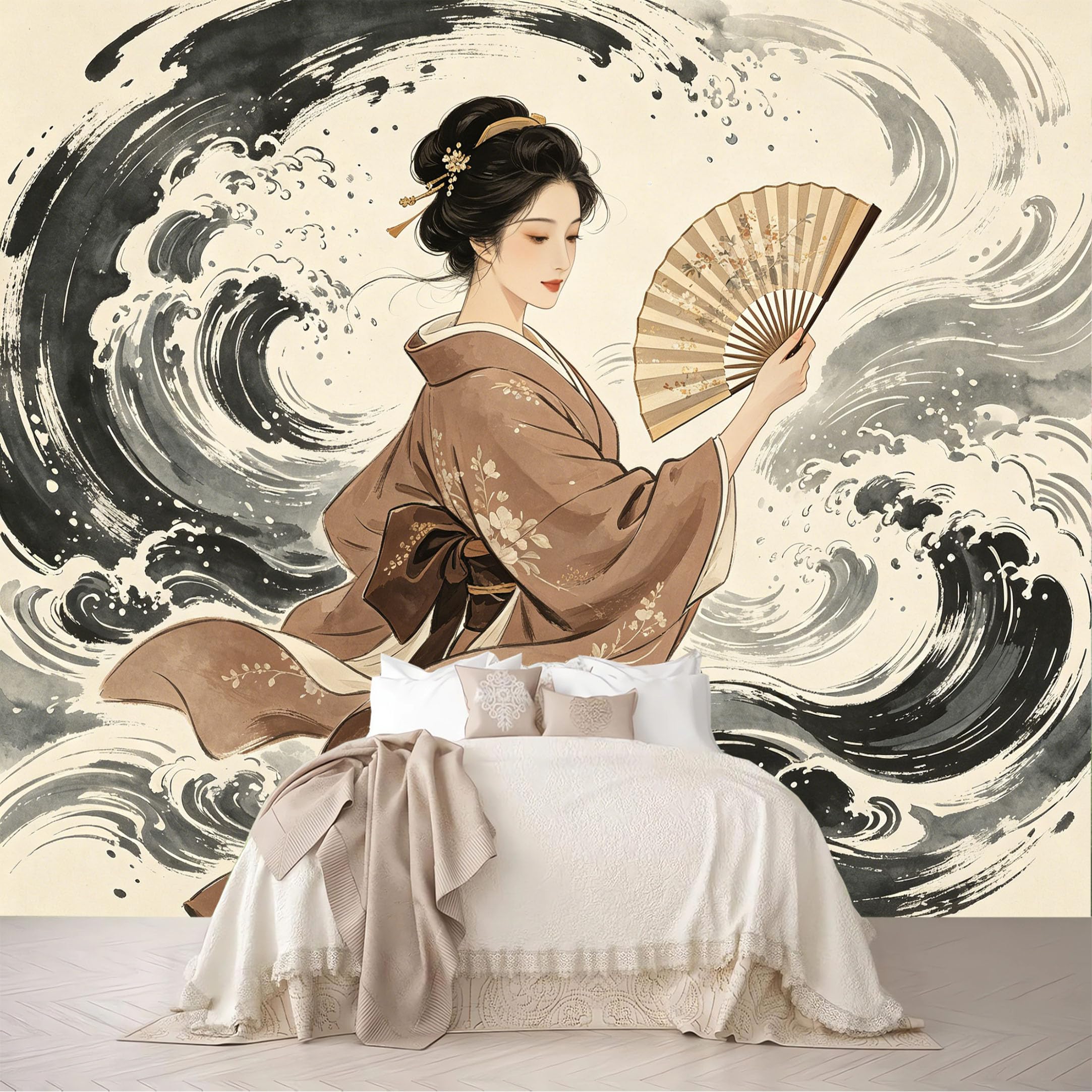 Dskjoviality Ab260706100 Custom Size Wall Murals Kimono Lady Fan Ink Wave Watercolor Portrait Removable Self-Adhesive For Bedroom Living Room Dining Room