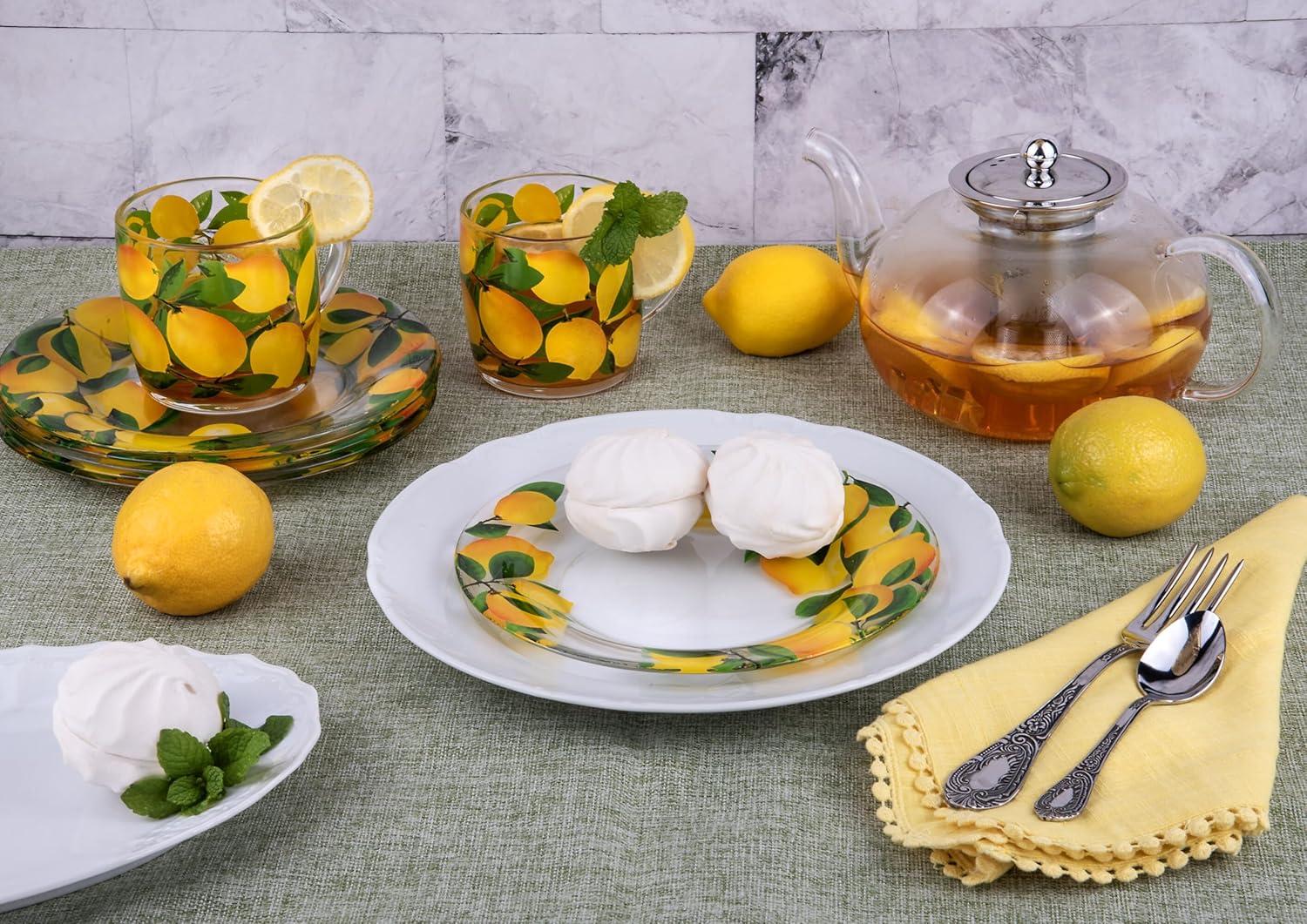 STP GOODS Lemons Glass Dessert Plate Set 6 pc. 7.5" (19 cm) Glass Serving Plates, Salad for Home & Kitchen, Plates for Cake Snacks, Dishwasher and Microwave safe, Clear Yellow