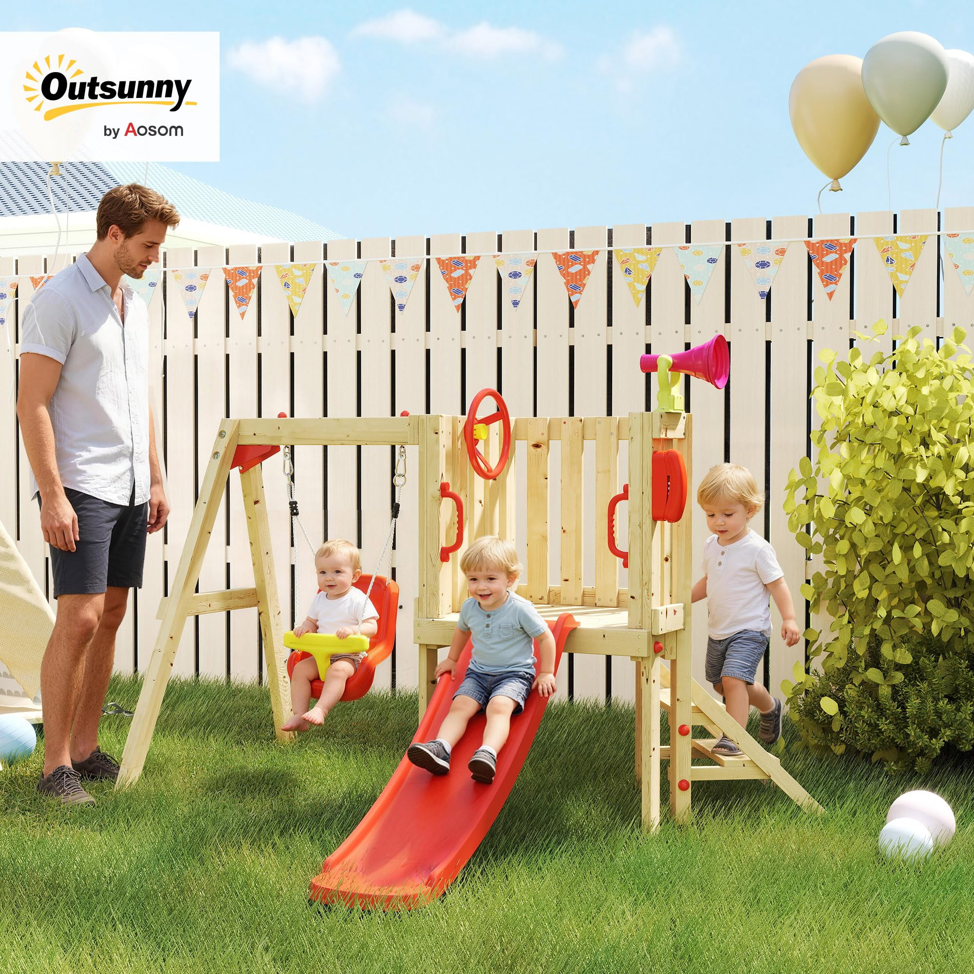 Outsunny Columpio y Tobogán Infantil, 5 en 1, Parque Infantil Exterior de Madera con Columpio, Tobogán, Volante, Bocina, Teléfono, para Niños de 18-48 Meses, para Patio, Césped, Rojo