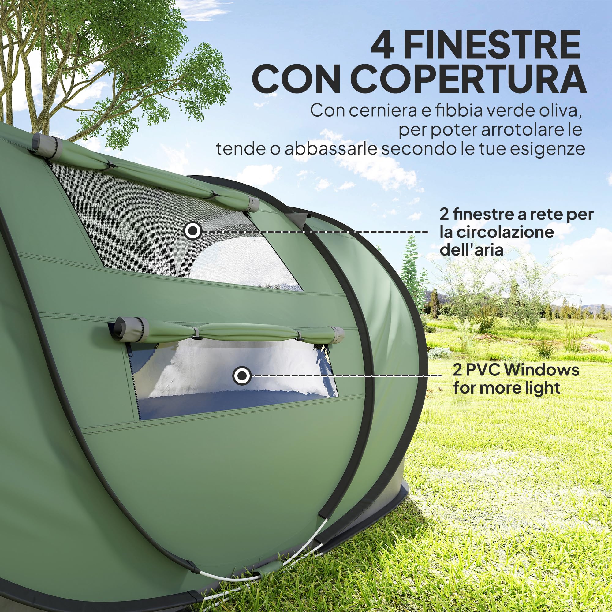 Outsunny Tenda da Campeggio Pop Up 2 Posti Impermeabile 263.5x220x123 cm Verde Scuro