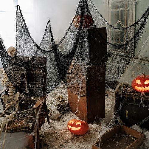 Miniatura 4 de Nirohee Paquete de 5 telas de araña de Halloween, tela espeluznante negra, decoración de Halloween al aire libre, paños negros, decoración de