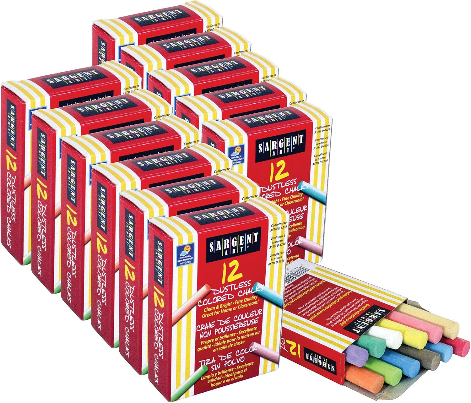 Sargent Art 144 Assorted Colors Dustless Chalk Sticks, 12 Count (Pack of 12), Non-Toxic, Easy to Use
