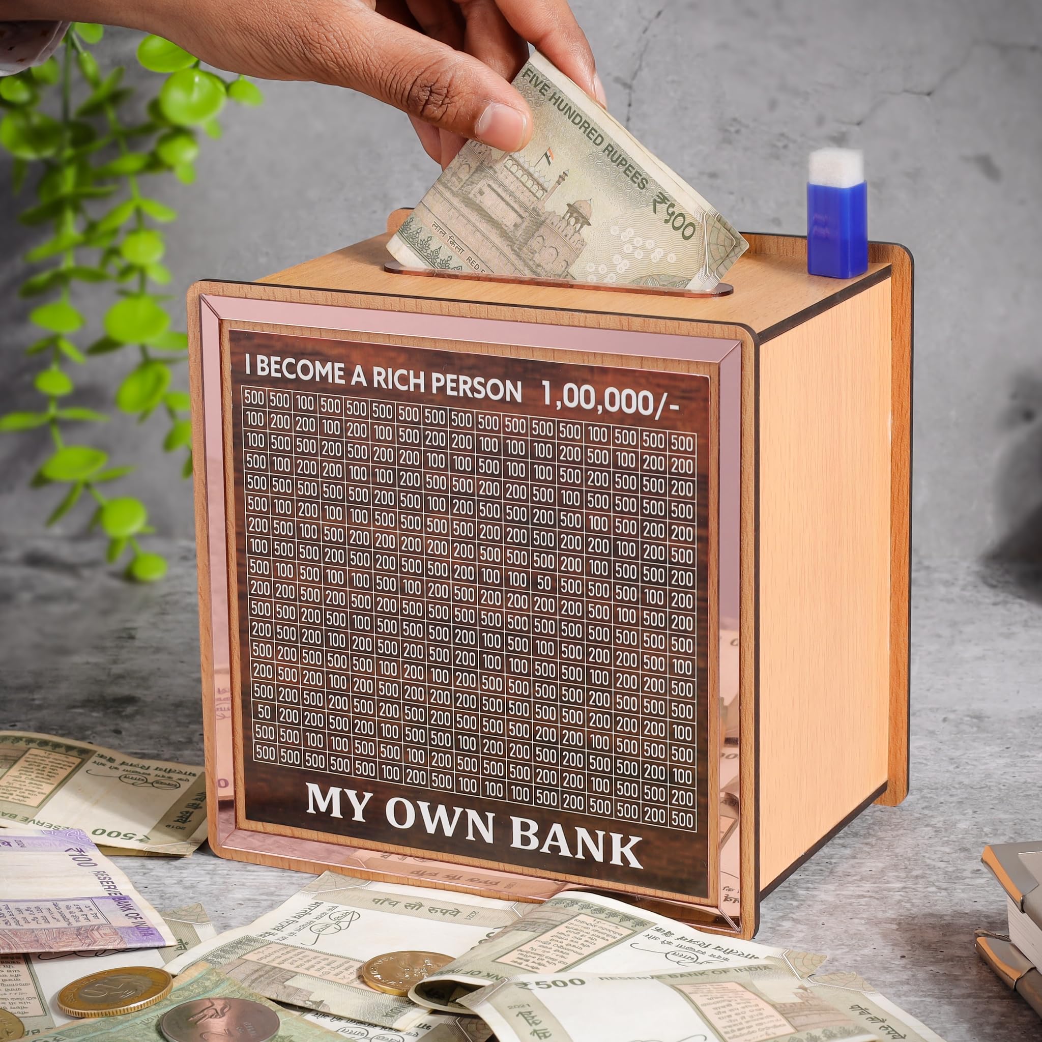 Laser Art Money Saving Box for Kids and Adults | Wooden Money Bank with Lock | Big Size Piggy Bank 2 Lakh Target | 1 Lakh Saving Box with Numbers | Undiyal Hundi Pig (Money Bank)