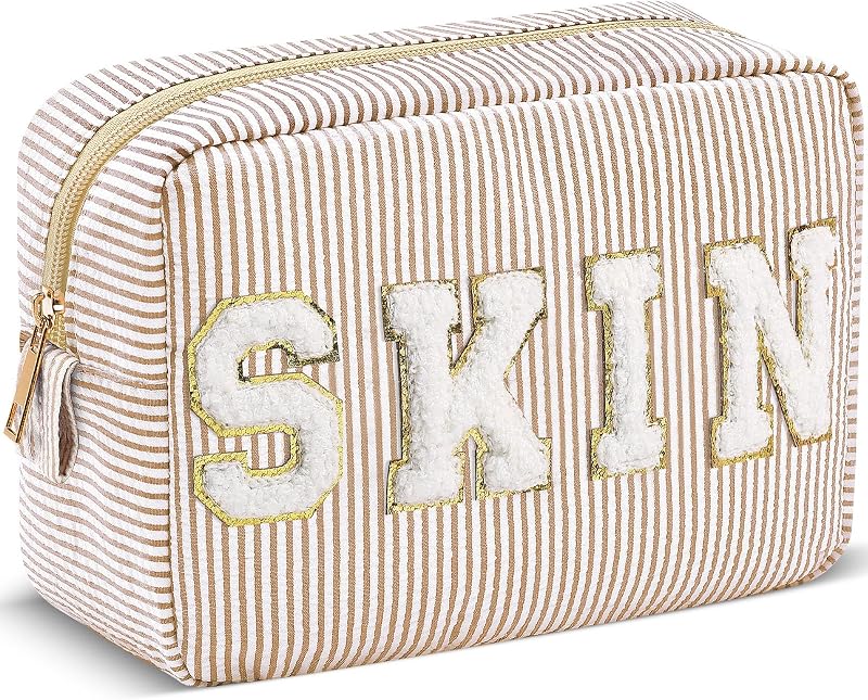 Necessaire Sanwuta de tecido seersucker listrado com zíper e aplique SKIN, cáqui