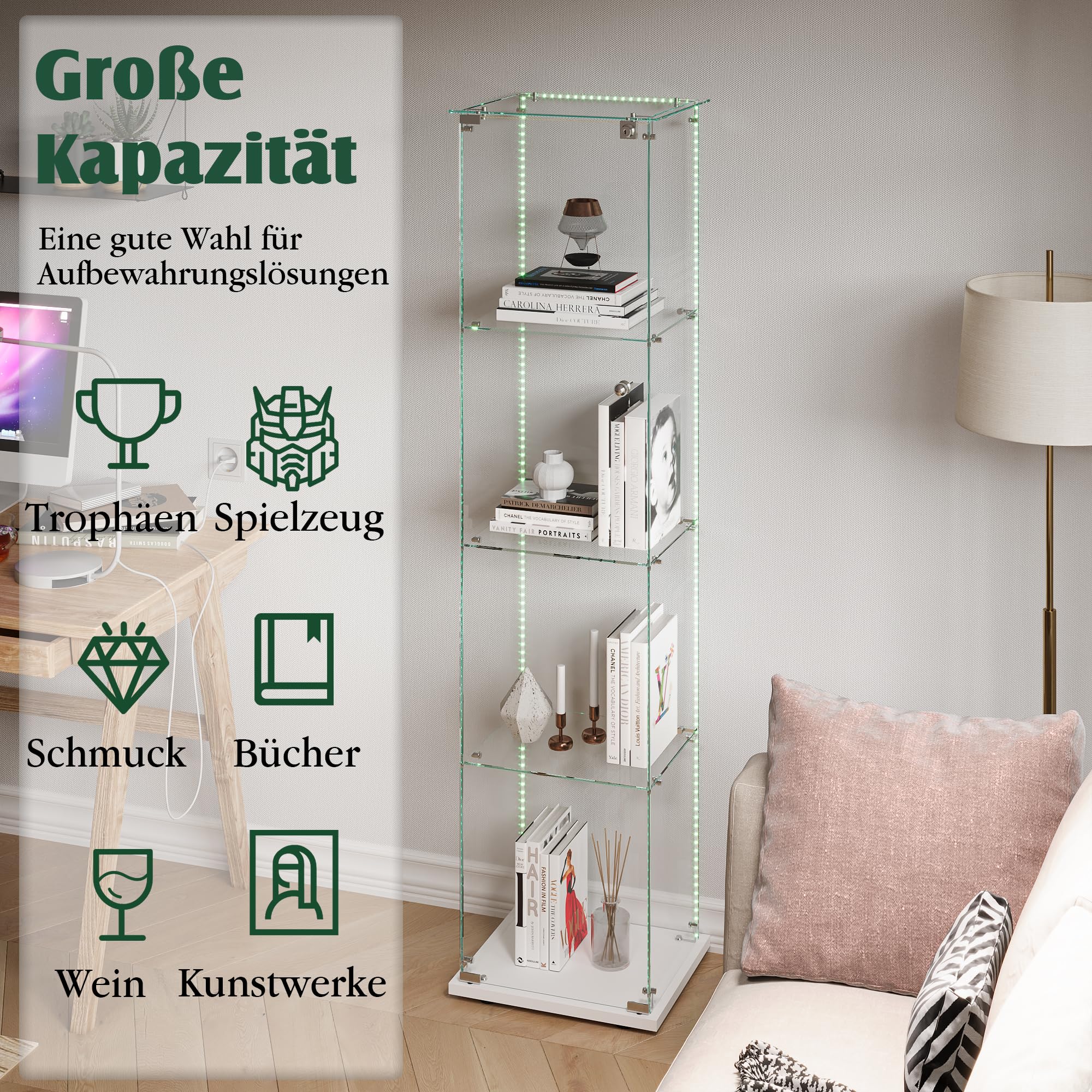 BRILVERDE Vitrina de Vidrio LED, Mueble Expositor con 4 Estantes y Puerta con Cerradura, Vetrinetta para Colecciones, Libros, Maquetas, Botellas, Salón y Oficina (Blanco, 1 Puerta 4 Capas)