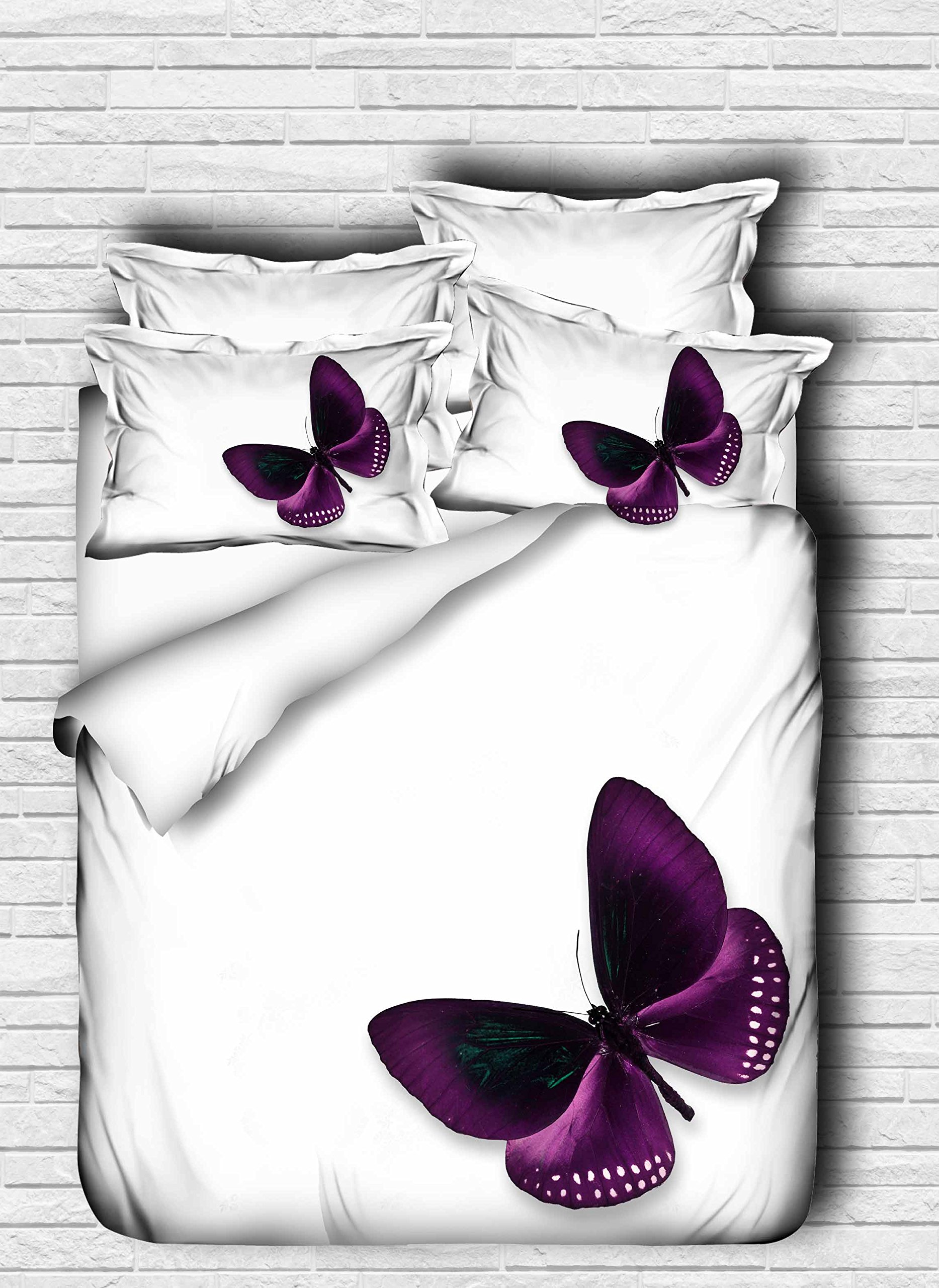 OZINCI DecoMood 3D Butterfly Bedding Set, Purple Butterfly Themed Quilt/Duvet Cover Set, White Purple, 4 Pieces, Full Size (Full)