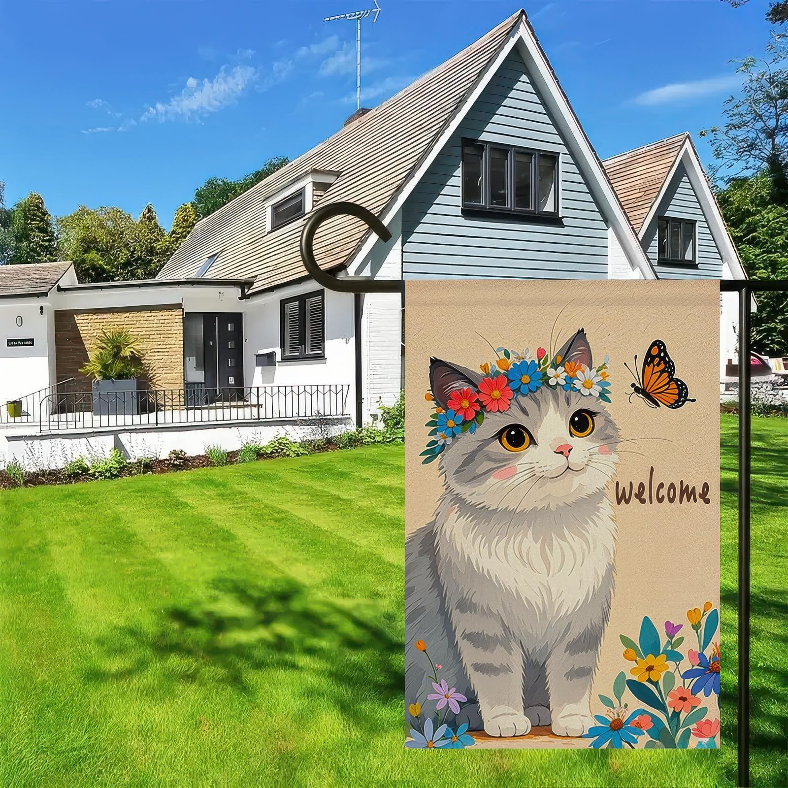 BlissYard Gartenflagge „Willkommen“ – Mit Dackel & Schmetterlingen, Doppelseitig, 30x45 Cm