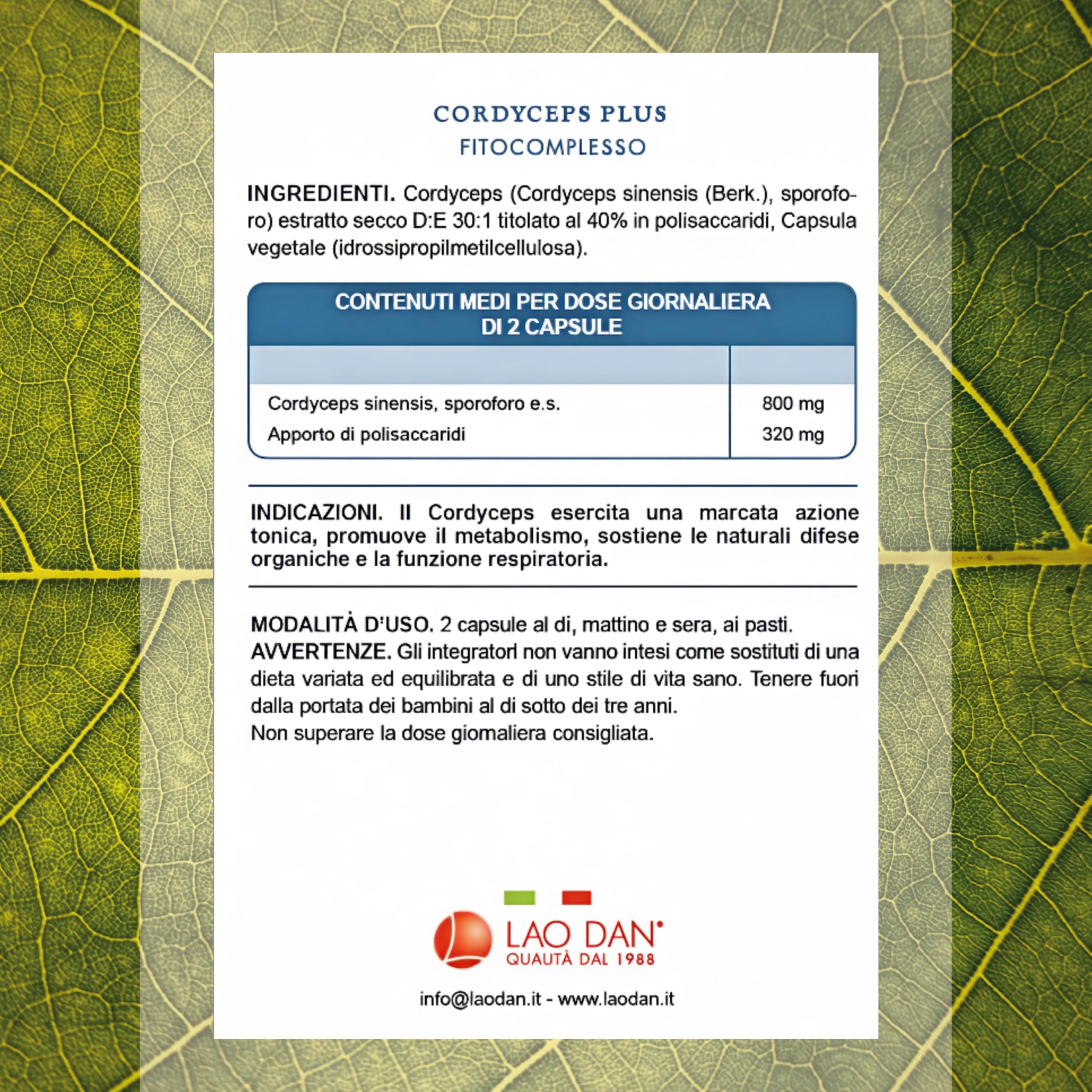 Cordyceps Plus da Fitoricerca Lao Dan®, 60 Cps Cordyceps Sinensis, 12.000 mg (Estratto CS-4 30:1) titolato al 40% in polisaccaridi, Cordyceps Capsule Made in Italy