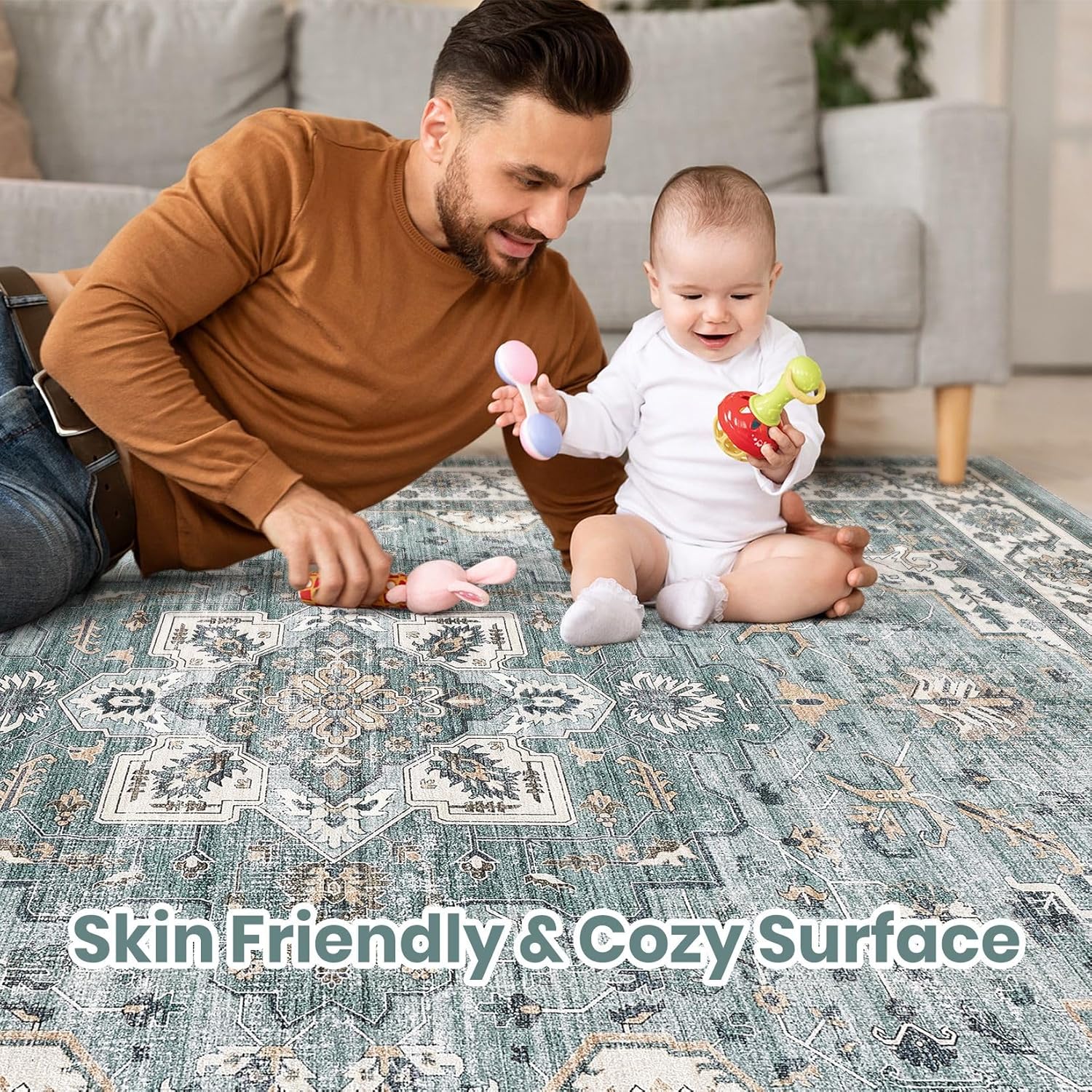 Vintage Living Room Area Rug 10x14 - Large Soft Washable Oriental Traditional Distressed Farmhouse Rugs for Bedroom - Indoor Floor Accent Carpet for Home Office House Decor - Denim Blue