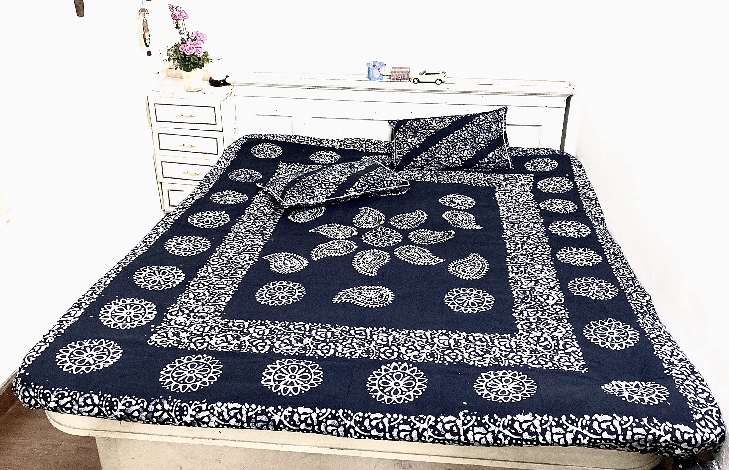Pure Cotton Dark Charcoal Color Double Bedsheet with 2 Pillow Covers Handprinted in Black & White Batik Work by Grassroot Galery'