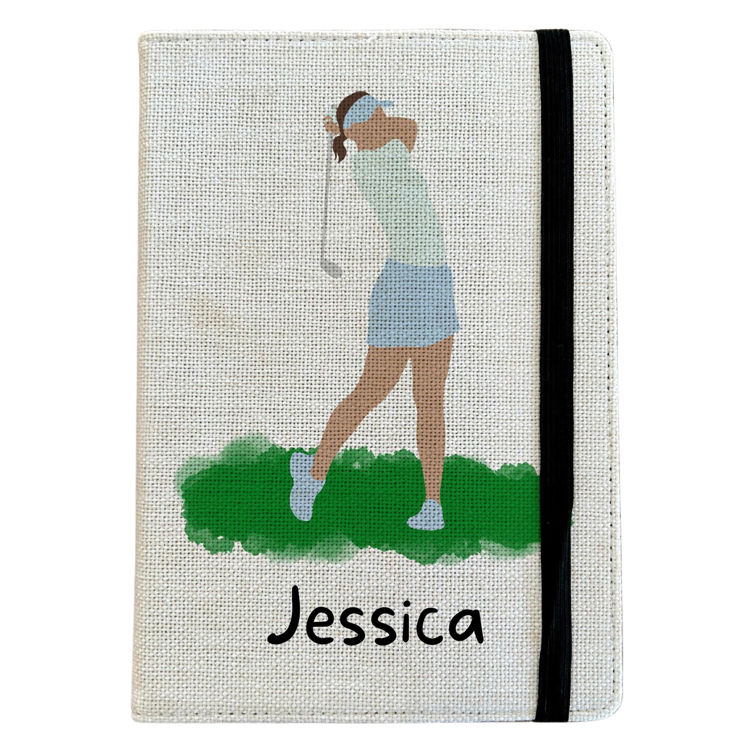 Personalised Womens Golf A5 Notebook - Custom Sports Lined Journal - Reusable Training Notebook Cover - Linen Hardback Journal Cover Gift