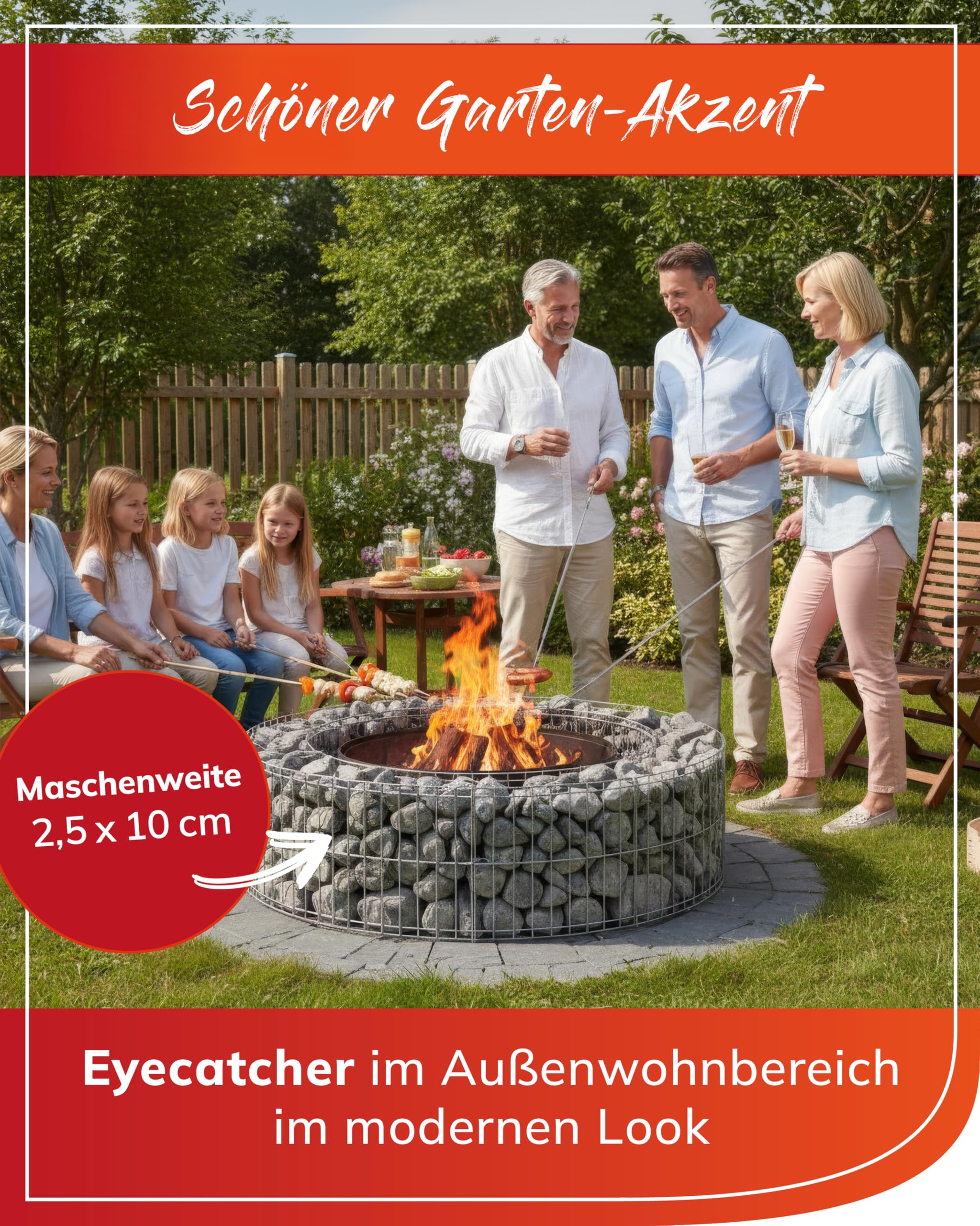 bellissa - Gabione-Feuerstelle (Ø 73 cm, H 21 cm) für Garten & Terrasse – Feuerstelle Outdoor aus Gabionengitter – geeignet für Feuerschale, Feuertonne oder Feuerkorb
