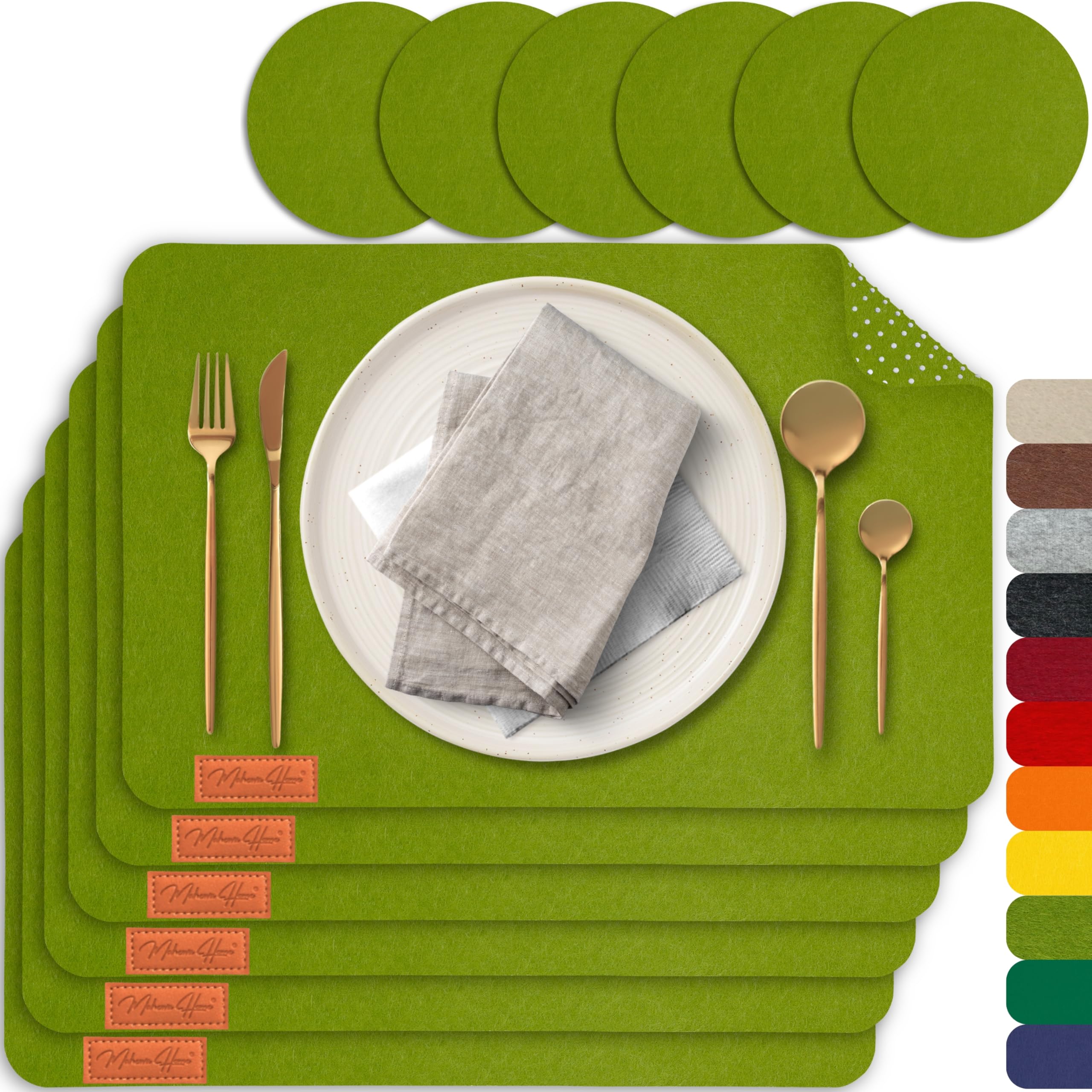 MAHEWA® 6er Set Premium Tischset Platzset aus Filz rutschfest Ab-waschbar und Waschmaschinenfest Eckige Platzdeckchen Teller-Untersetzer Filzset Tisch-Matten Platz-Matten (Grasgrün, 6er Set)