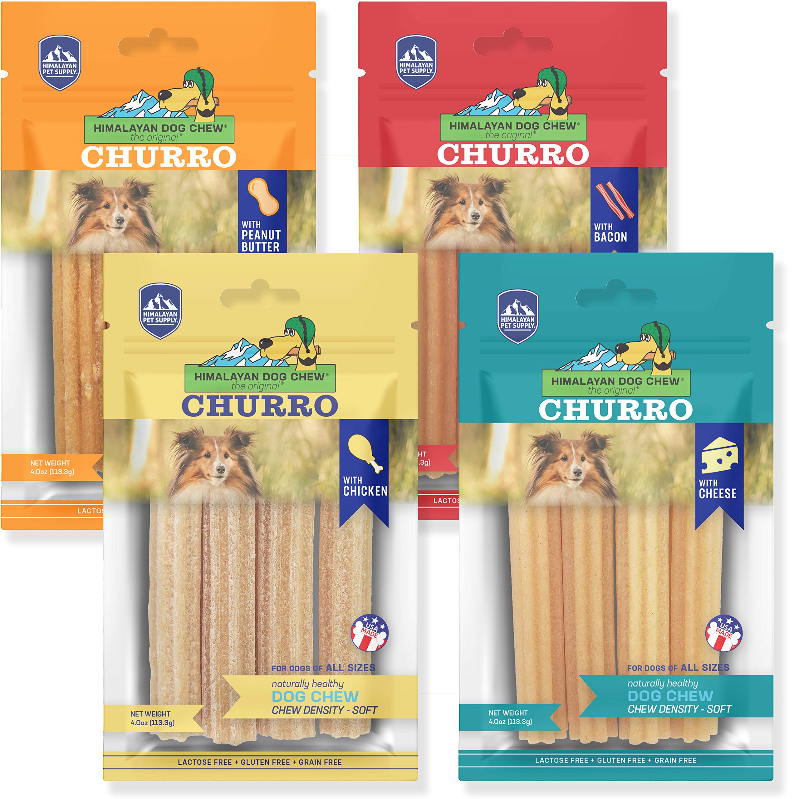 yakyCHURRO Himalayan Cheese Treats | Lactose Free - Gluten Free - Wheat Free -Soy Free| USA Made | All Flavors - Cheese-Chicken-Peanut-Bacon | 4 Resealable Pouches