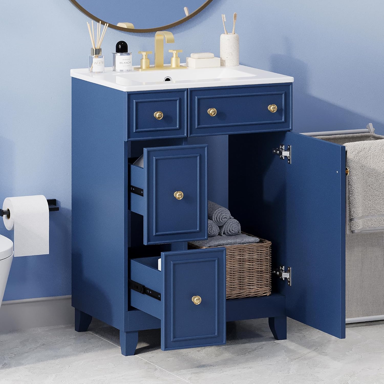 Bellemave 24" Modern Bathroom Vanity Set With Ceramic Sink, 2 Drawers, 1 Door - Vanity and Basin Sink Combo No Mirror (Blue)