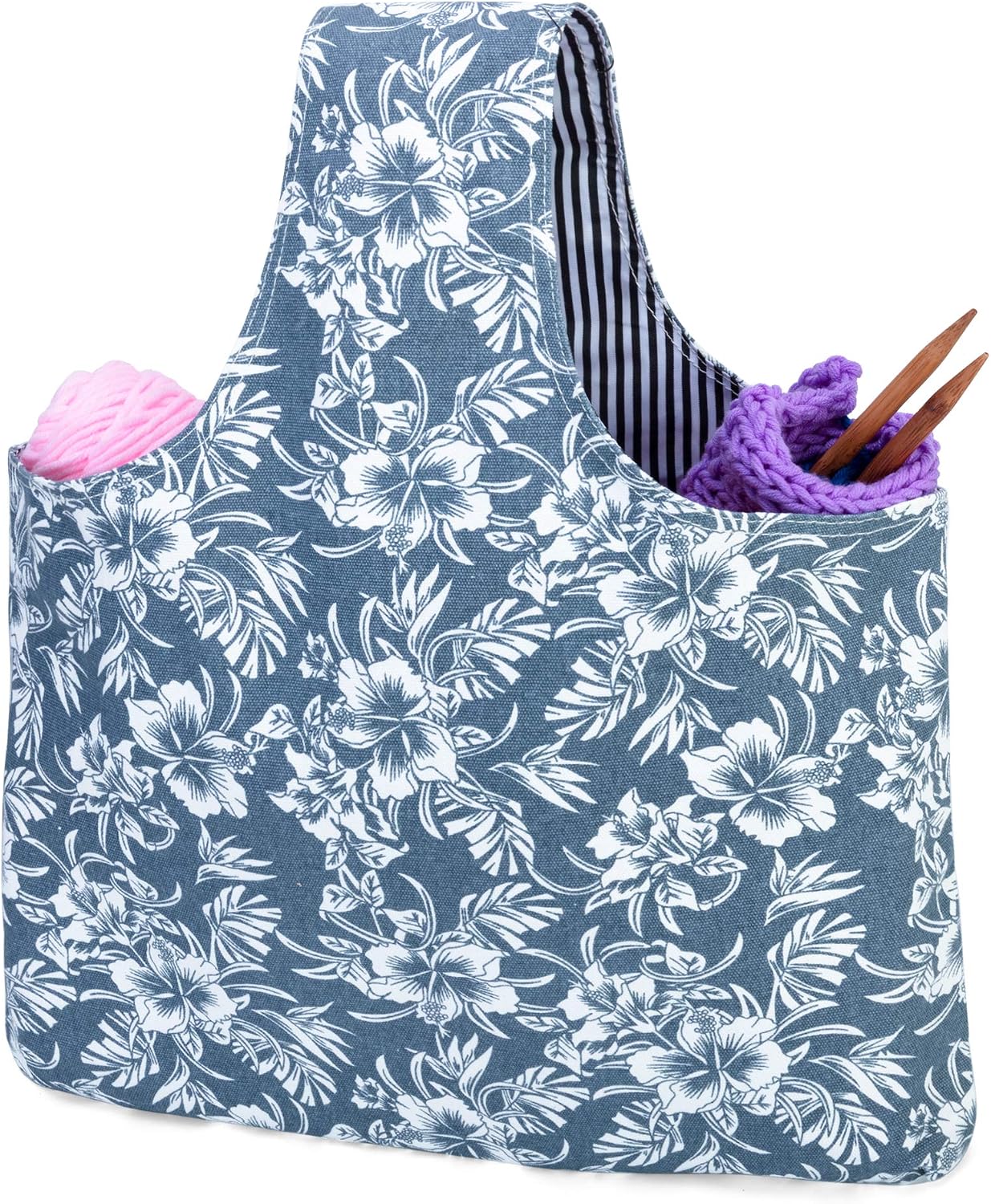Teamoy Knitting Tote Bag, Travel Project Wrist Bag for Knitting Needles(14inches), Yarn and Crochet Supplies, Lightweight, Perfect Size for Knitting on The Go (Large, Blue Flowers)
