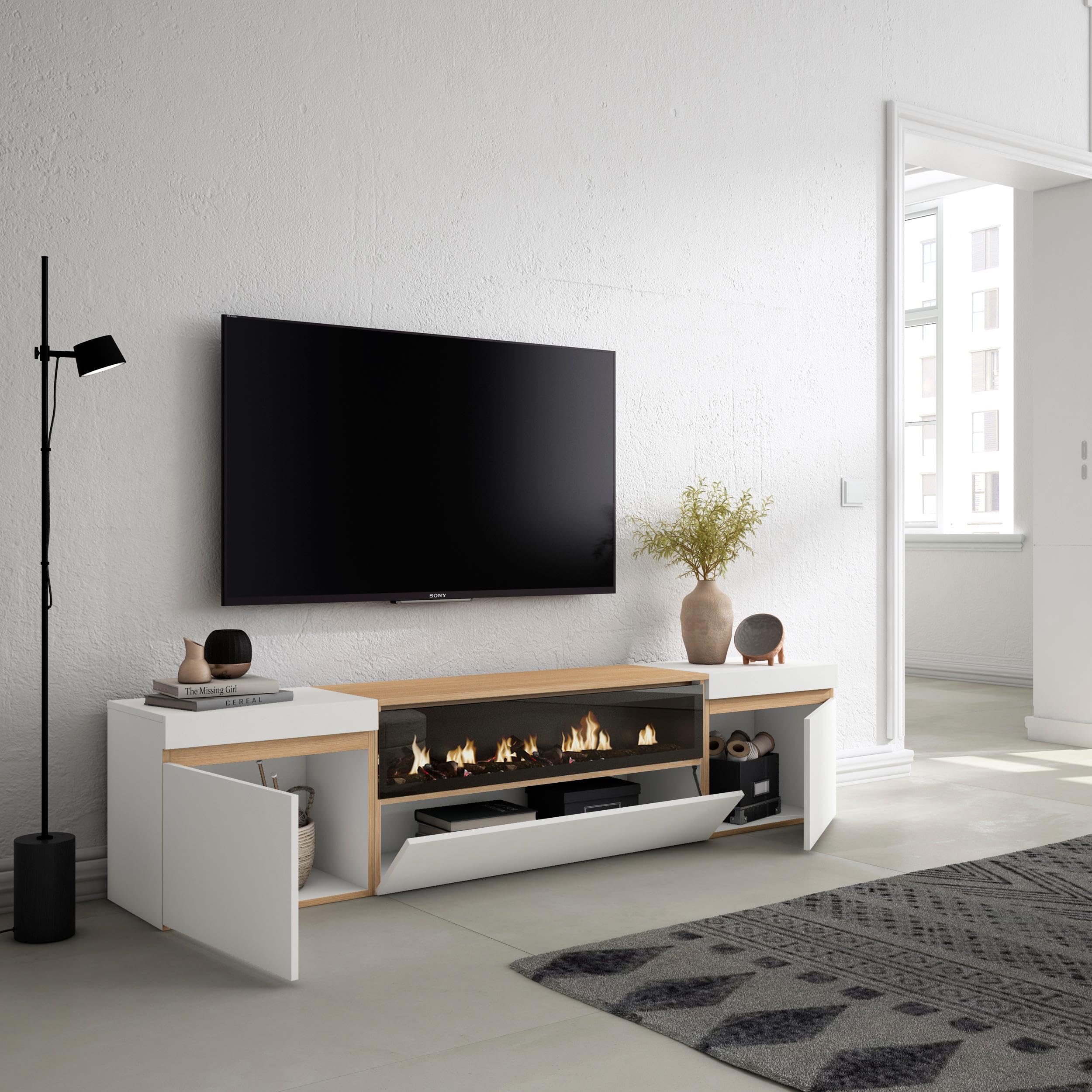 Skraut Home | Meuble TV | Banc Télé | Grand Espace de Rangement | 200x45x35cm | pour Les TV jusqu'à 80" | Cheminée électrique | Style Moderne | Blanc et Chêne Soft