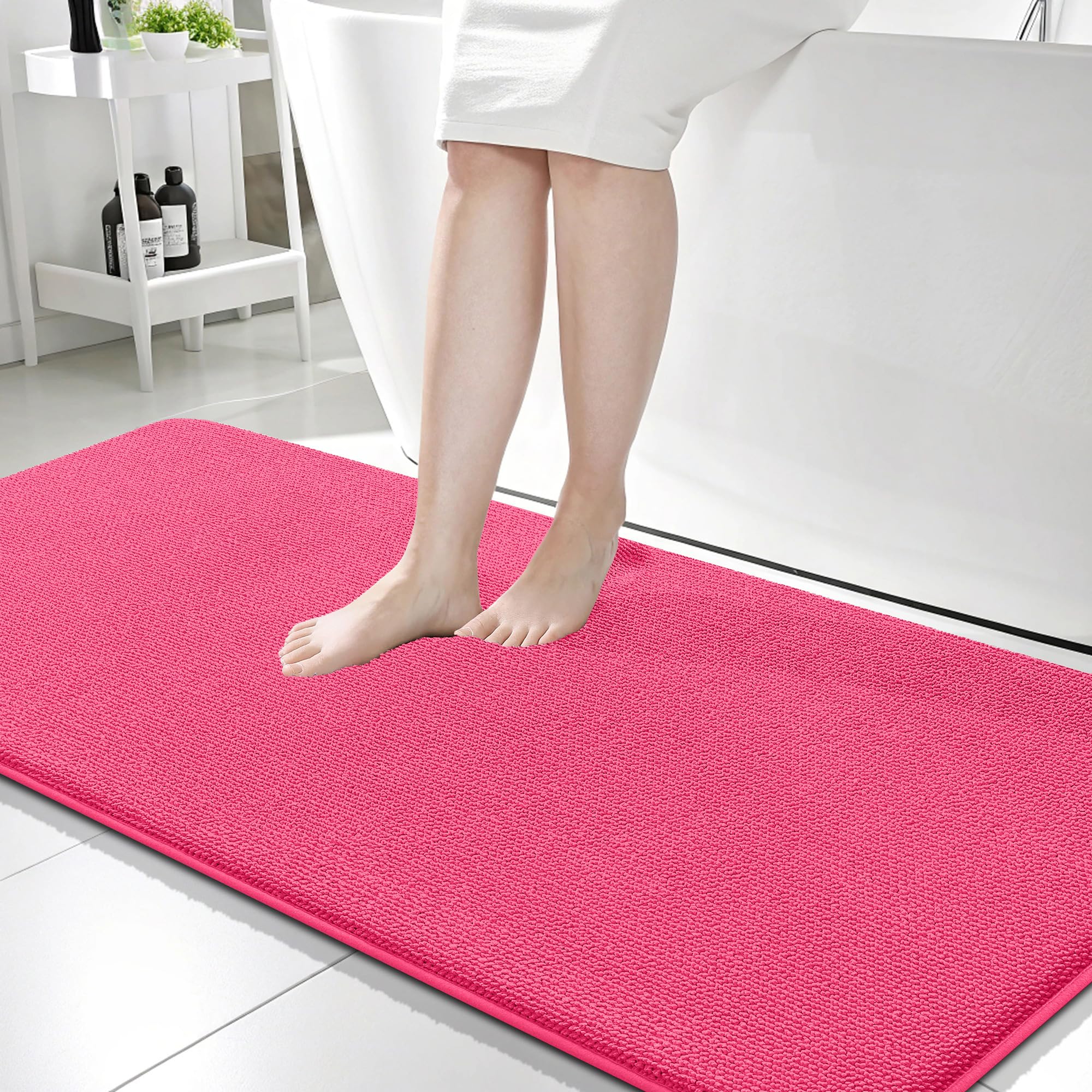 OLANLY Memory Foam Bathroom Runner Rugs 59x24, Absorbent Long Mat, Hot Pink