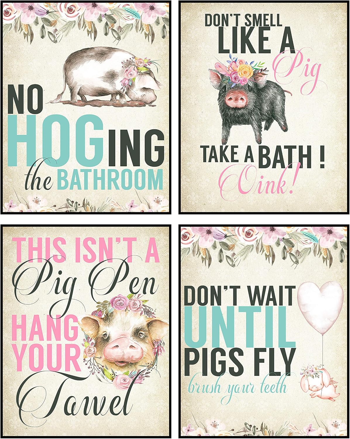 Silly Goose Gifts Hogs Pig Piggy Art Print Watercolor Design Wall Decor Set (Bathroom Set)