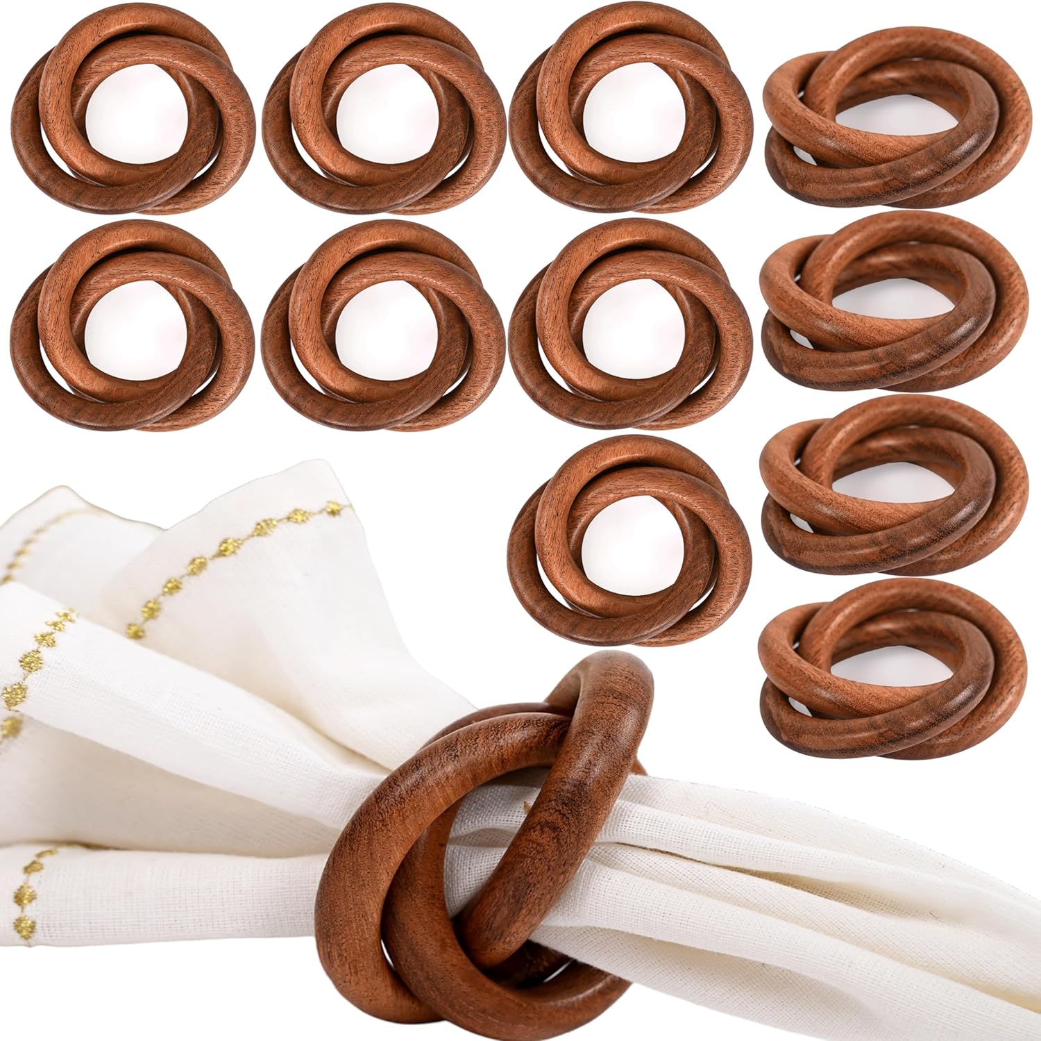 CLEENTABLE Three Ring Napkin Rings Set of 8, Decorative Handcuff Serviette Ring, Napkin Holders Bulk for Party Decoration, Dinning Table, Everyday, Family Gatherings Tabletop Décor (Brown)
