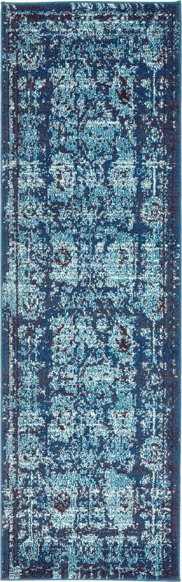 Rugs.com Fleur Collection Rug – 6 Ft Runner Blue Medium-Pile Rug Perfect for Hallways, Entryways