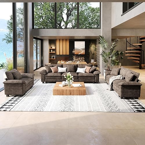 SUNSHINE VALLEY 3 Piece Living Room Sofa Furniture Set, Chenille Modular Loveseat, Cloud Chair, and 3-Seat Couch with Pillow, Oversized 6-Seat Modern Sectional Deep Sofa for Apartment, Taupe Gray