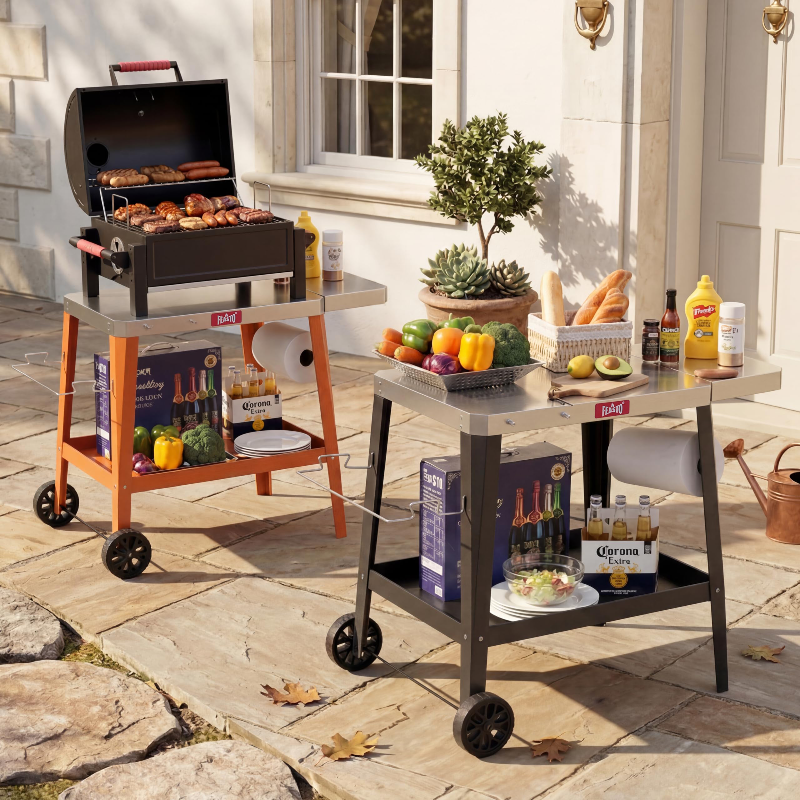 Feasto Grillwagen mit Klappbarem Beistelltisch, 95x67x80cm, grau