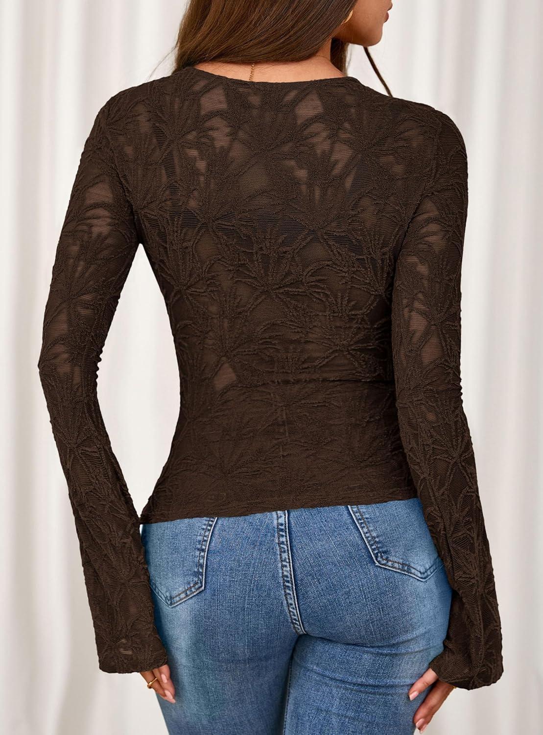 PRETTYGARDEN Womens Lace Long Bell Sleeve Tops 2026 Fall Sexy See Through Sheer Floral Blouse Shirt Spring Going Out Outfits - Image 4