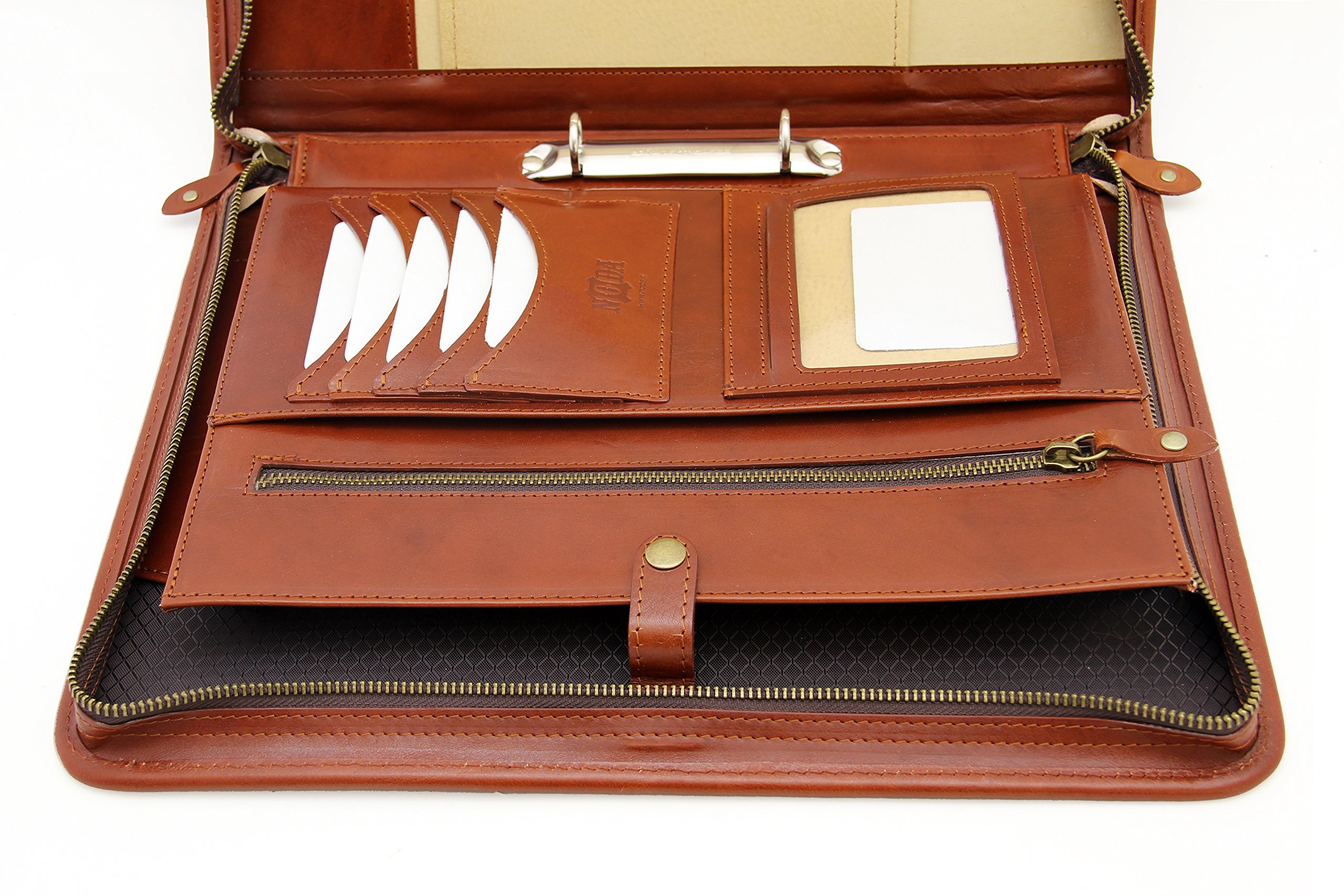 Portfolio aus italienischem Leder, A4-Ordner mit Reißverschluss, Padfolio 2-Ringbuch, Ledermappe mit Griff (Cognac)