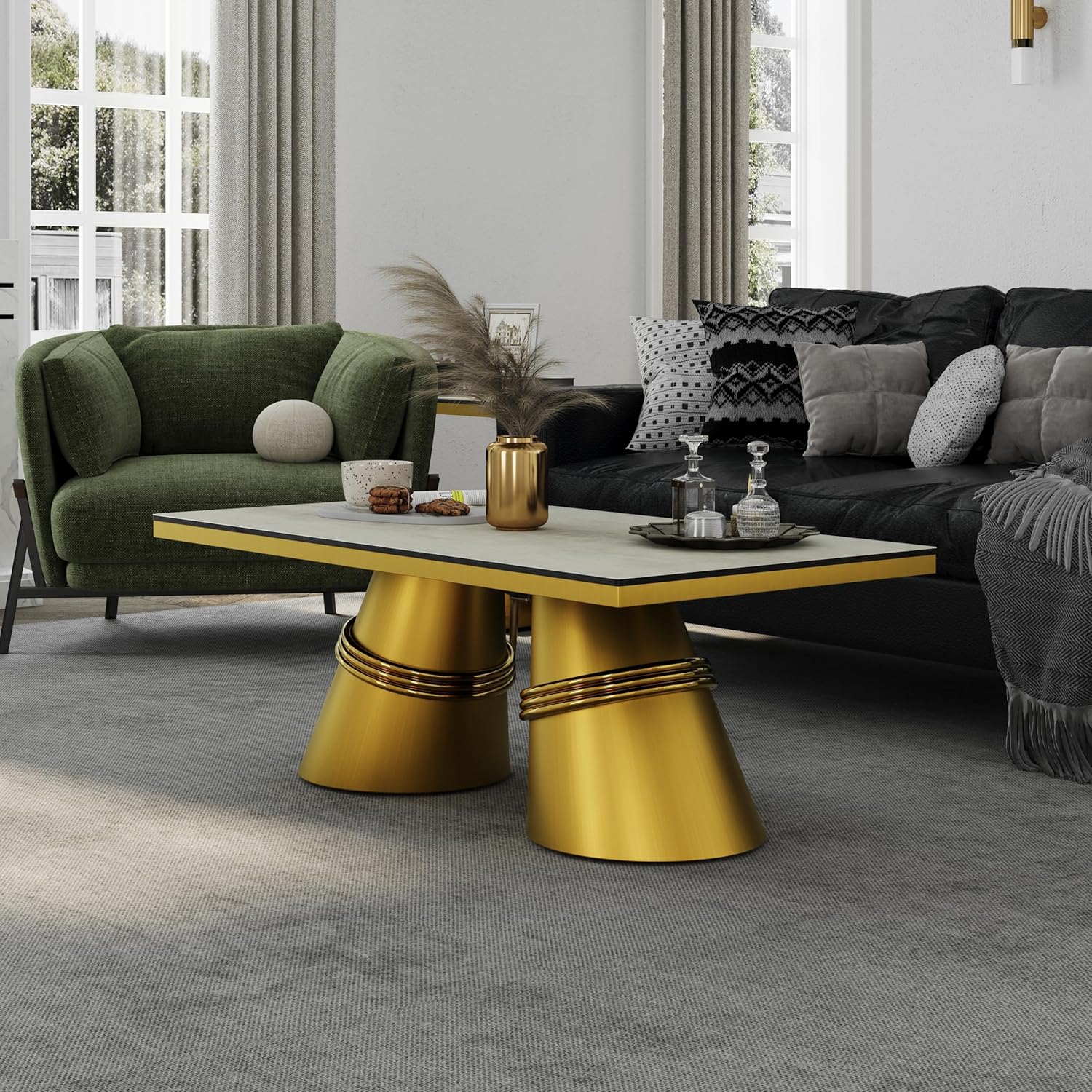 Asday Gold Coffee Table, 50 inch Coffee Table with Twilight White Tempered Glass Top and Artistic Tapered Barrel Base,Modern Brushed Gold Center Table for Living Room, Office and Guest Hall