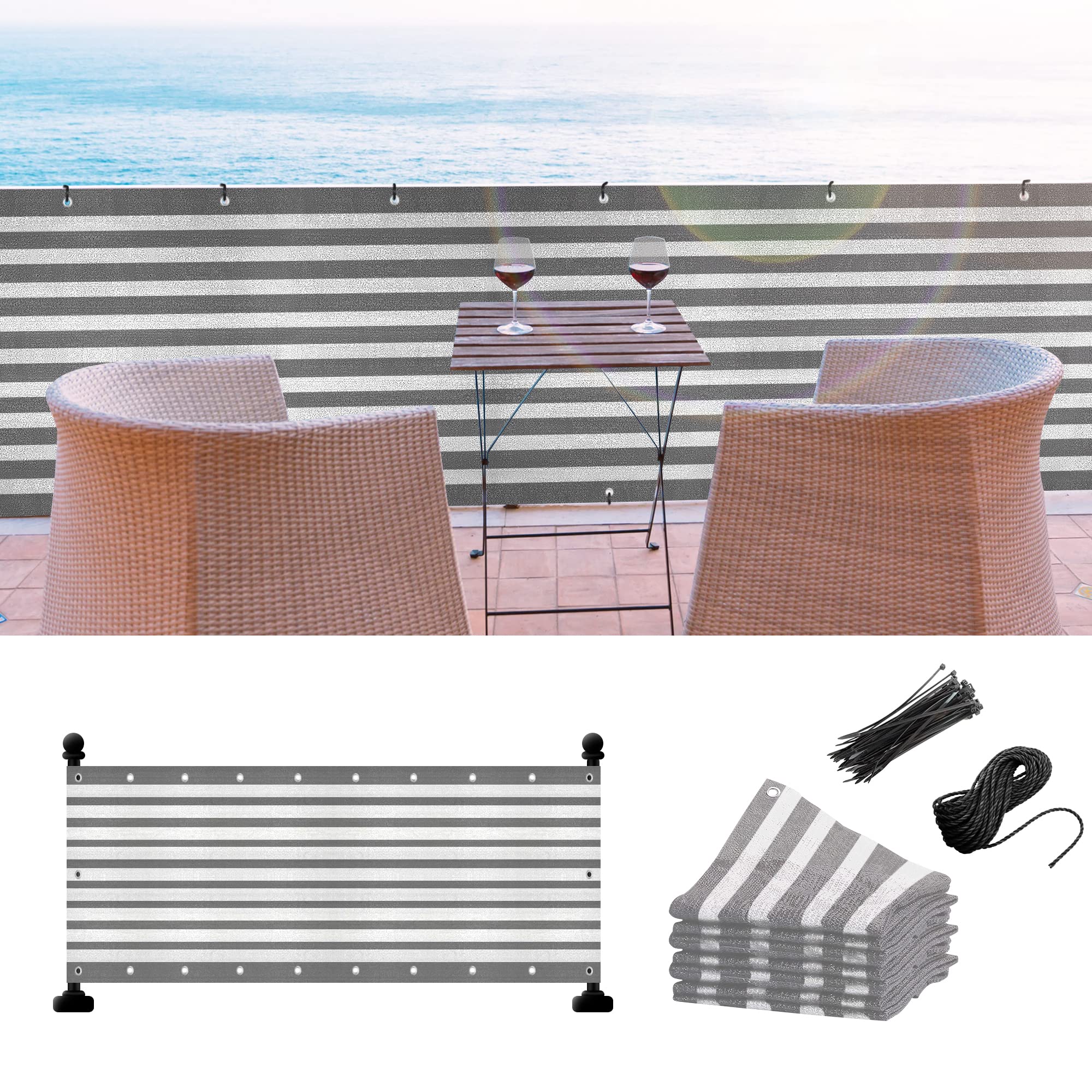 Balcony Privacy Screen,90*500cm/3'x16' Outdoor Fence Privacy Screen Windscreen for Apartment, Porch Deck, Patio, Backyard, Balcony Cover Sun Shade, UV-Proof, Weather-Resistant (Grey White)