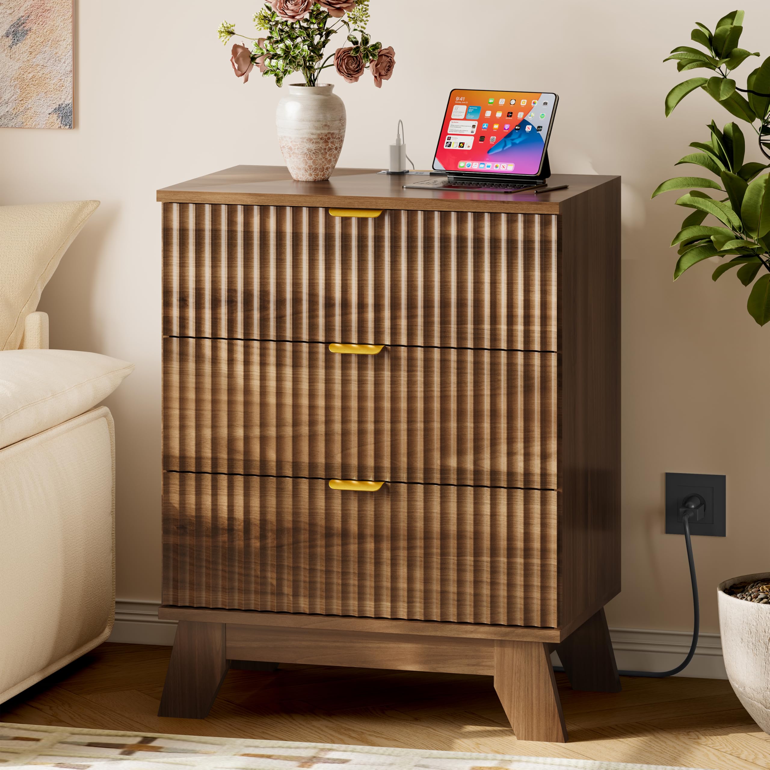 BORNOON 30.5" Nightstand with Charging Station, 3-Drawer Fluted Bedroom Chest, Wood Bedside Dresser with Power Outlets and USB Ports, Stable Base, Modern Storage Cabinet for Small Spaces