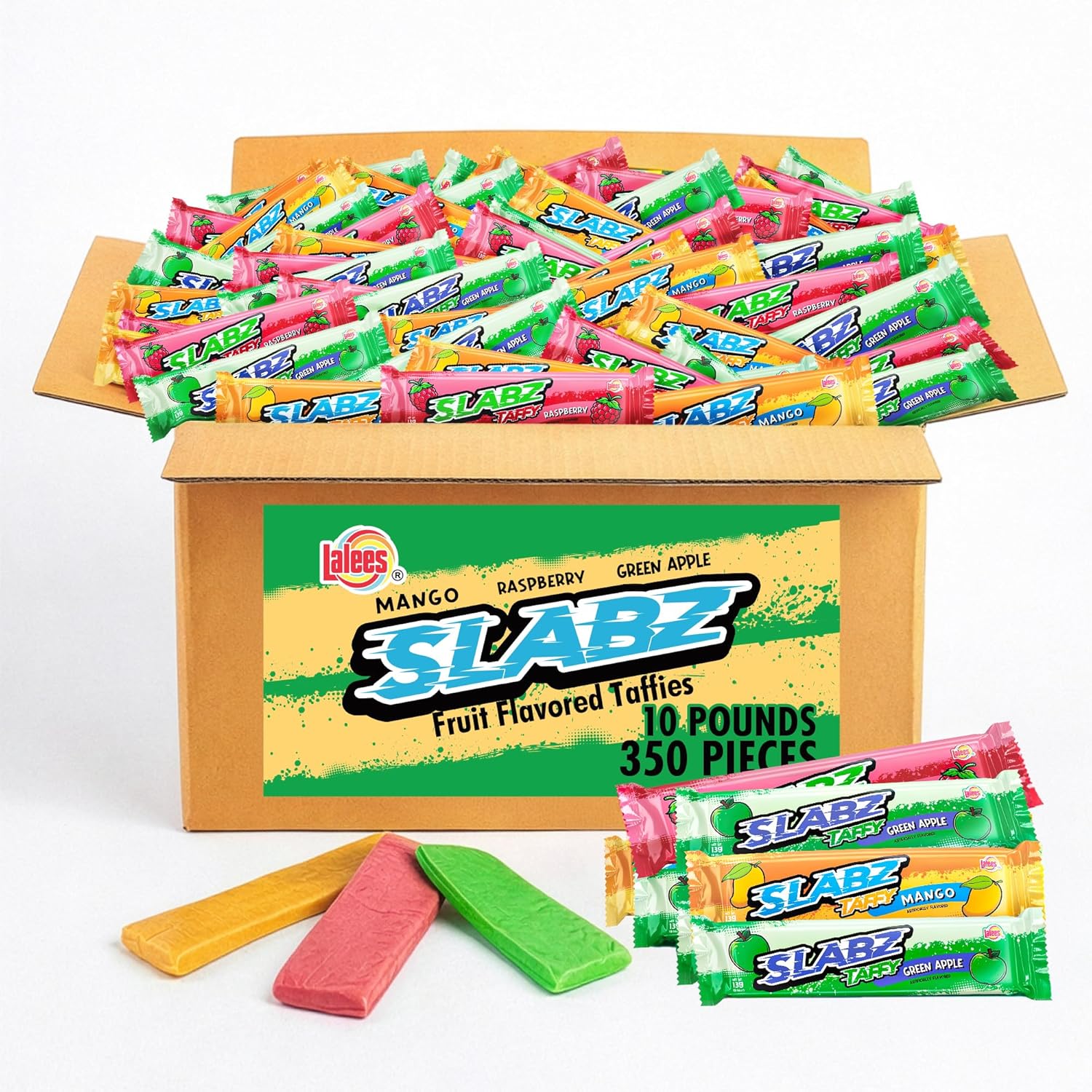Lalees Taffy Slabz - 10 Pounds - 350 Pcs. - Assorted Fruit Flavors - Bulk Chewy Candy Bars - Individually Wrapped Taffy Candy for Party Favors, Birthday Parties