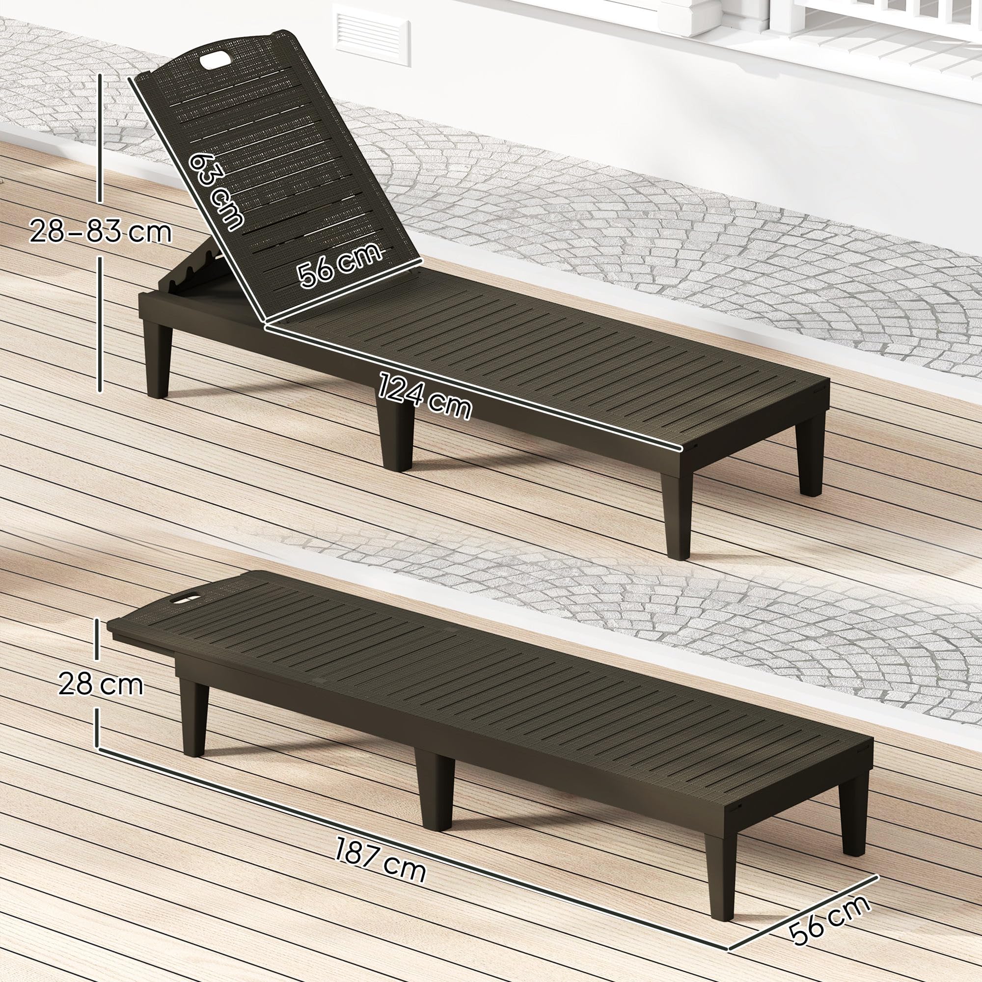 Outsunny Set di 2 Lettini Prendisole da Giardino con Schienale Regolabile su 4 Livelli, Sdraio da Giardino Impermeabile con Effetto Rattan a Doghe in PP, per Spiaggia, Piscina, 56x187x28cm, Nero