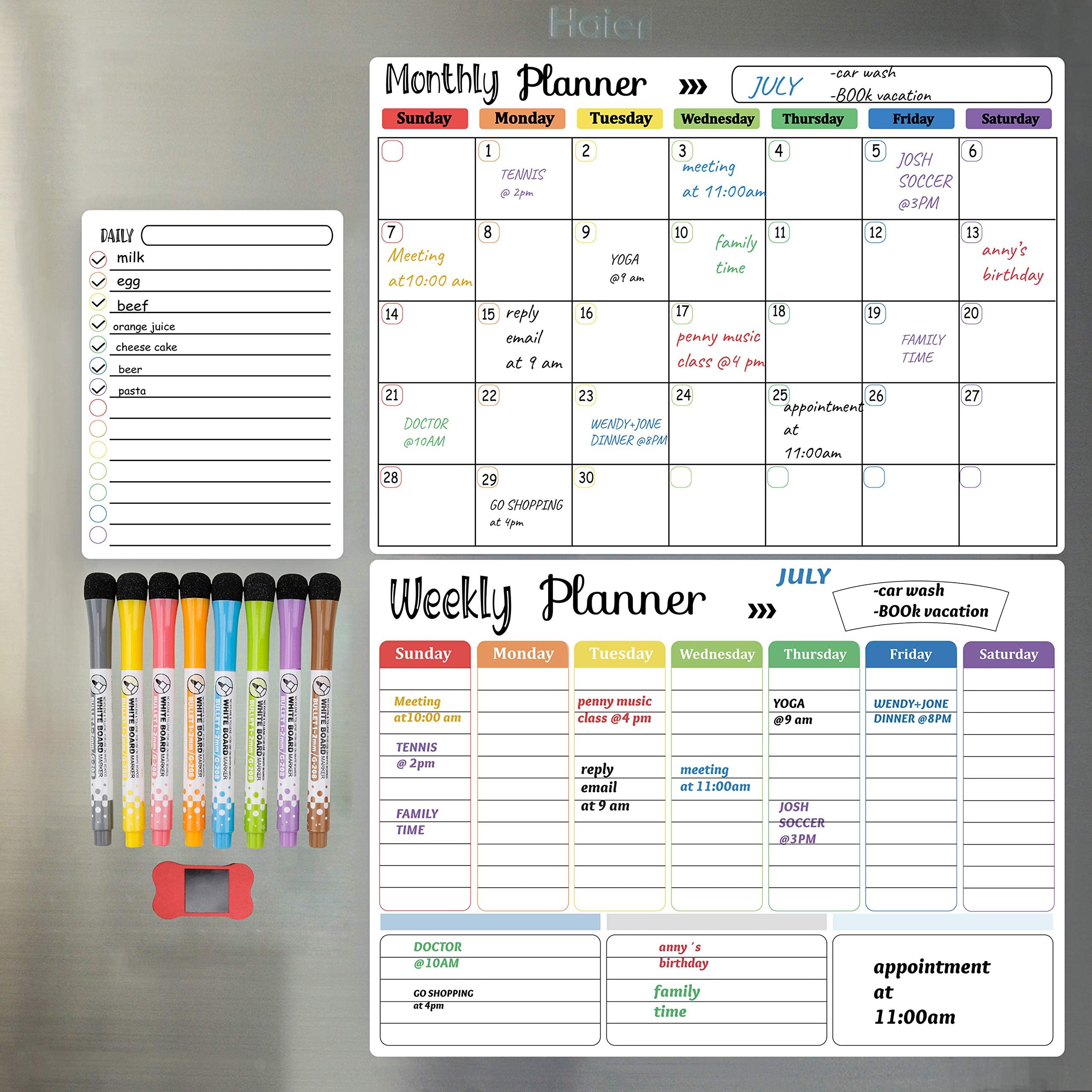 VILLEXUN Magnetic Whiteboard Weekly Calendar Planner Board Set-Including Grocery Shopping List, Magnetic Markers and Whiteboard Eraser-Dry Erase-Stain for Kitchen or Office (weekly MONTHLY and daily)