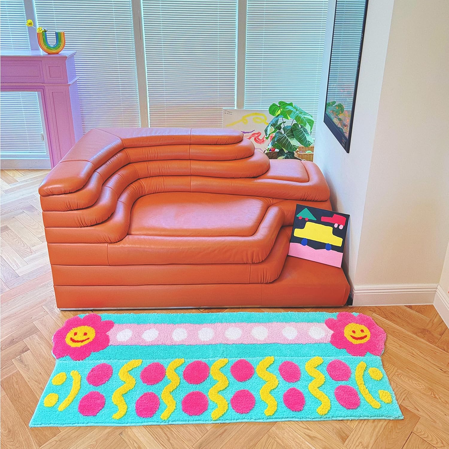 Build Your Own Rug Flexible Modular Washable Floor Tile System for Studio Living, Bedroom & Reading Corners, Sunflower Breeze Blue, 64" 12"