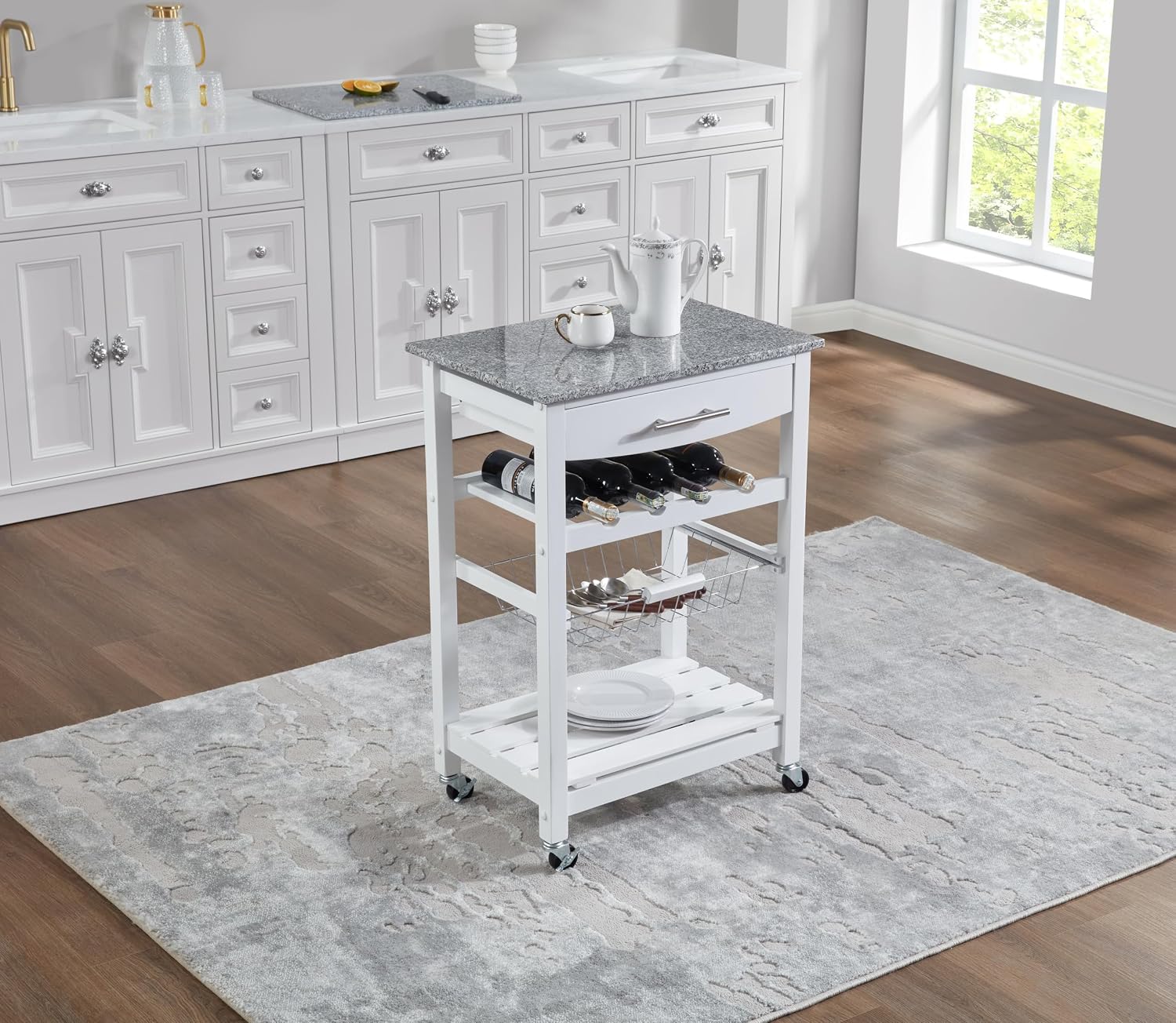 Marble Top Kitchen Island Cart 22-inch with Drawer & Storage Basket - Mobile Serving Cart for Food Prep, Solid Pine Frame, 4 Lockable Wheels, Compact Design(White)
