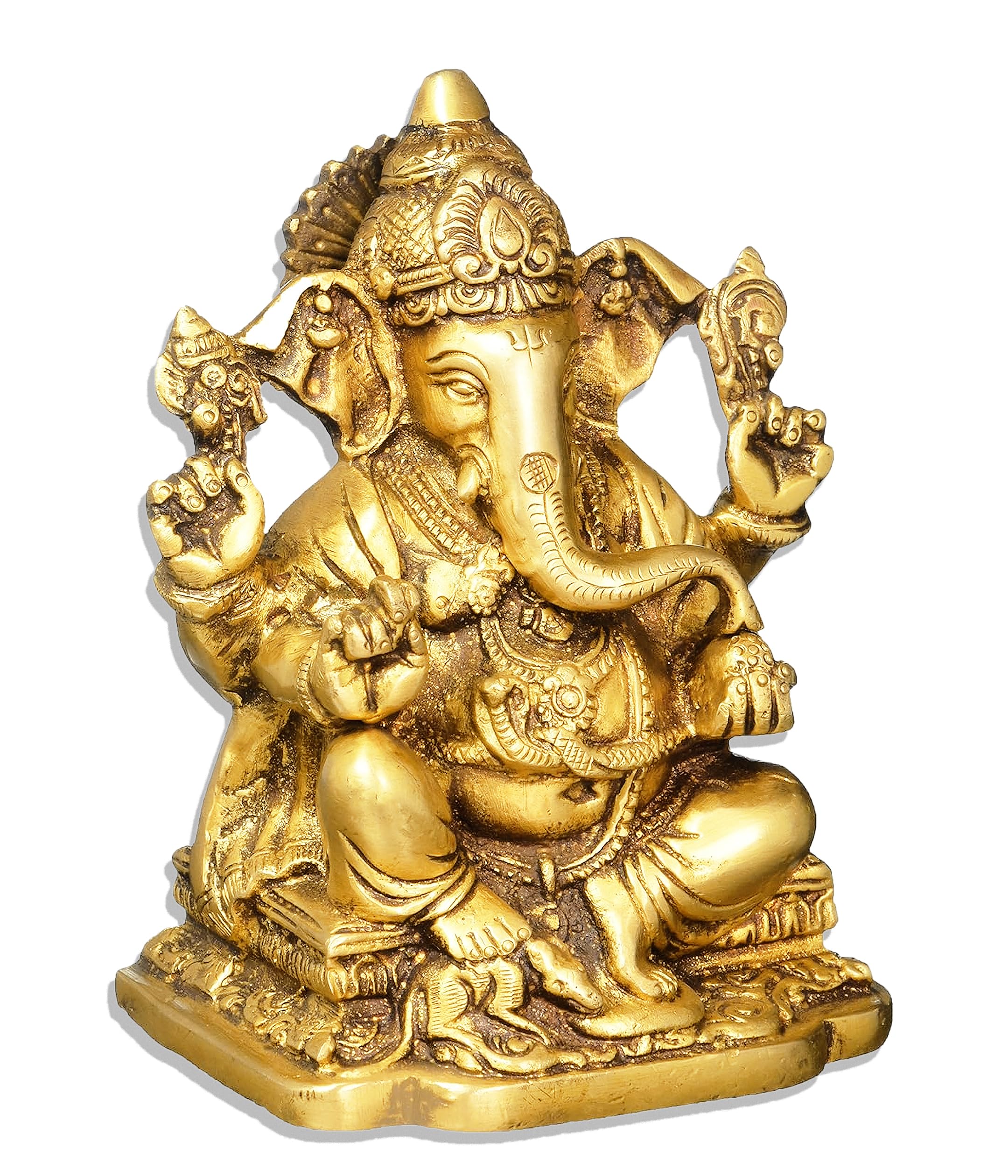 Gajamukha Ganesha Brass Statue (15.24 CM, 10.80 CM, 8.26 CM) Golden, Decorative Brass Statue, Traditional Hindu Religious Art