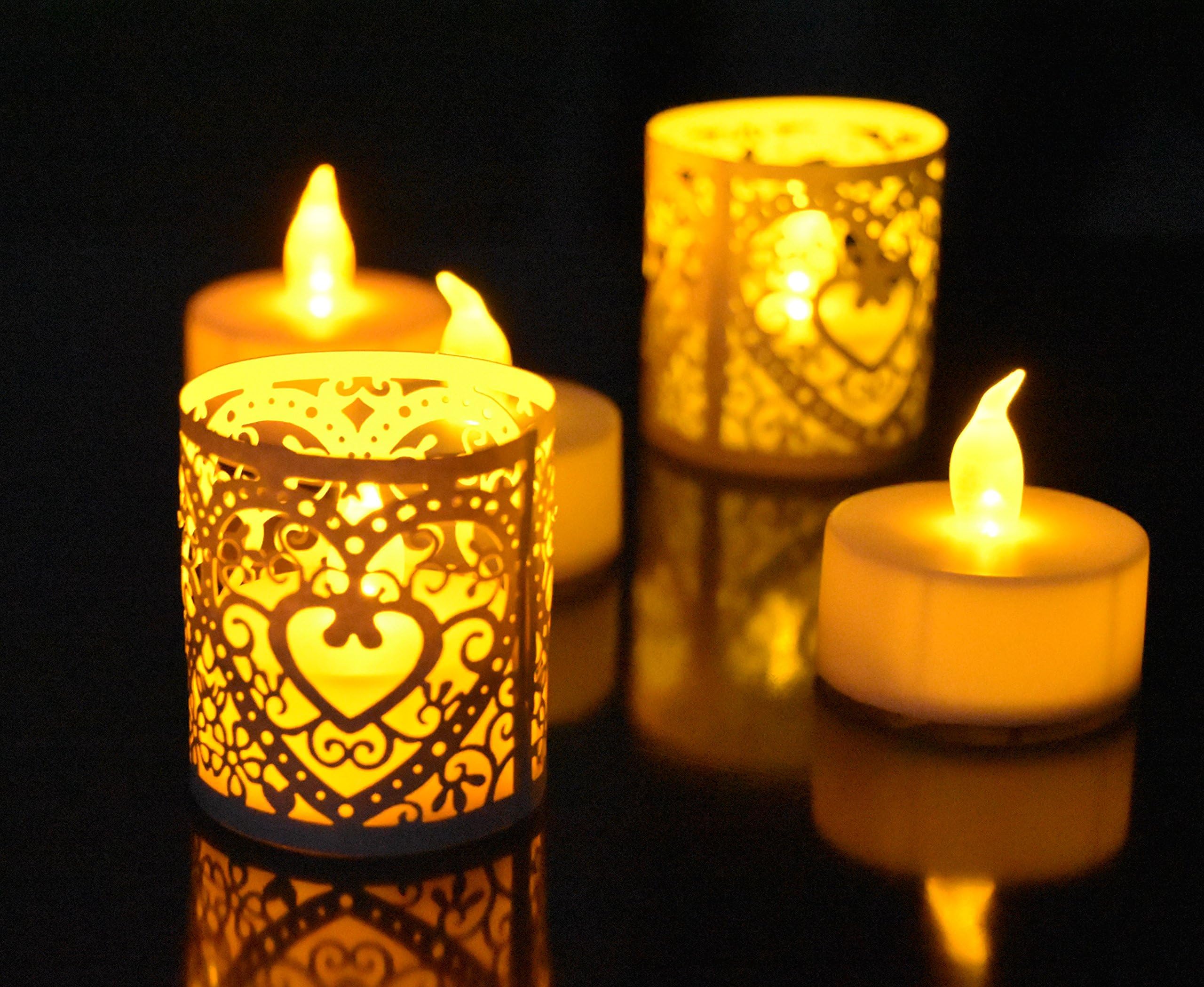 LED Tea Lights and Votive Wraps- 24pcs Flameless LED Tea Lights and 24pcs Champagne Laser Cut Decorative Wraps, Ideal for Wedding, Party , Holidays, Home Decoration and Outdoor