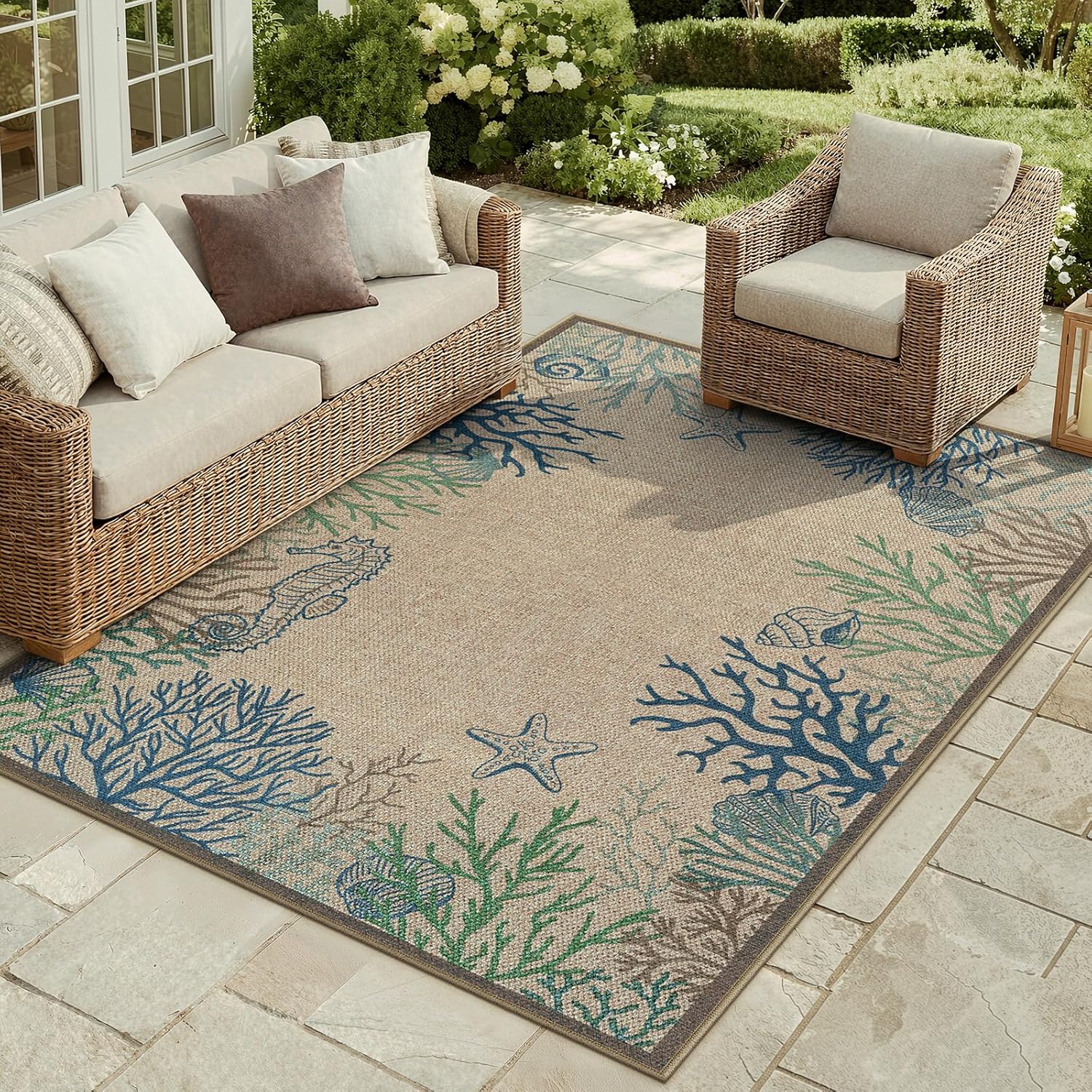 LIVEBOX Modern Easy Jute 5x7 Outdoor Rug, Washable Area Rugs for Living Room Patio Coastal Animal Indoor Outdoor Rug, Boho Farmhouse Non Slip Carpet for Backyard Foyer Dining Room(Olive, 5'x7')