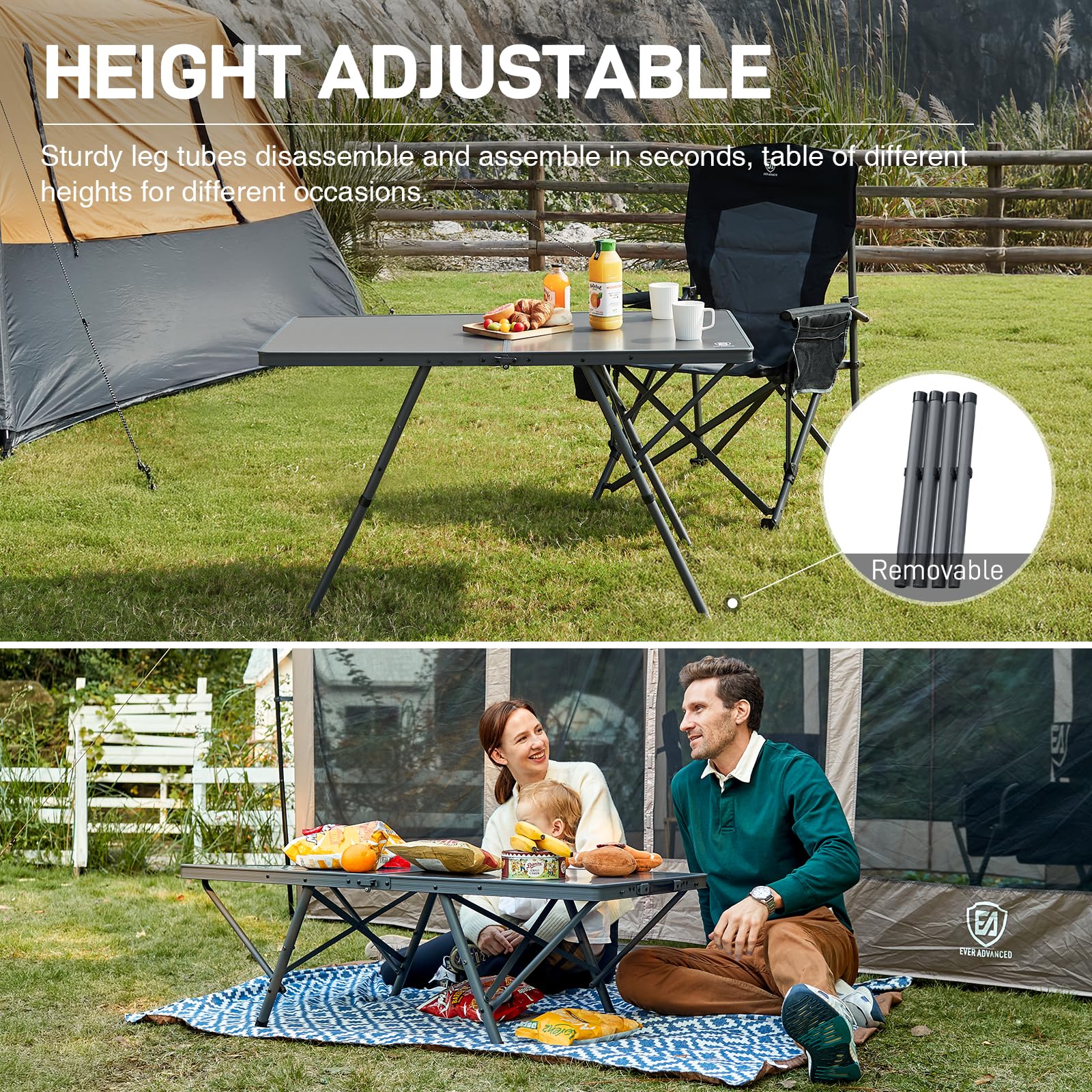 EVER ADVANCED Mesa Plegable Camping 120x60cm XL para 4-6 Personas hasta 60kg con Bolsa de Transporte Estructura Estable para Camping Picnic jardín balcón