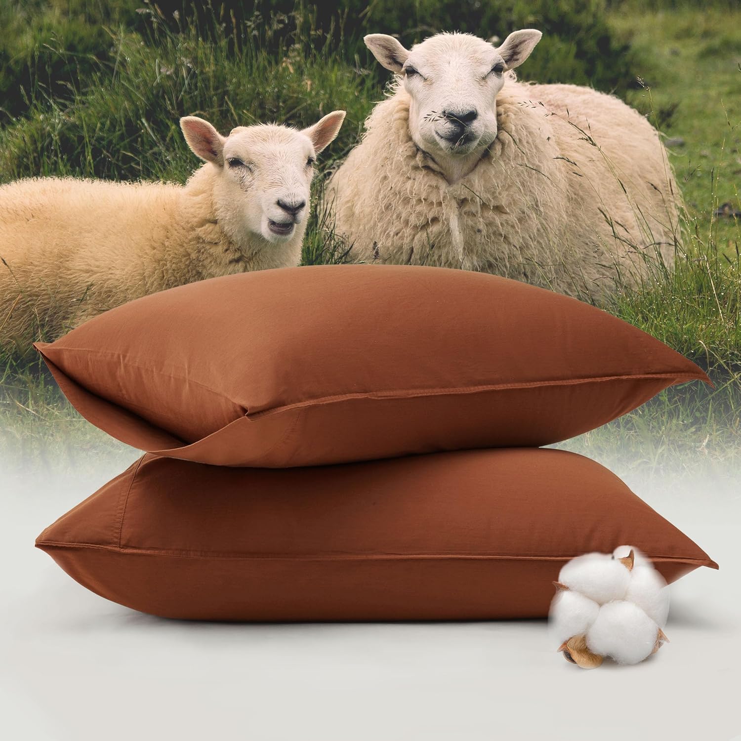 Double Stitch Cashmere Cotton Pillowcases - Mongolian Cashmere and Pima Cotton Blend, King Size Pillow Cases Set of 2, Luxury & Soft Pillowcases with Envelope Closure, 20" x 36", Mocha Brown