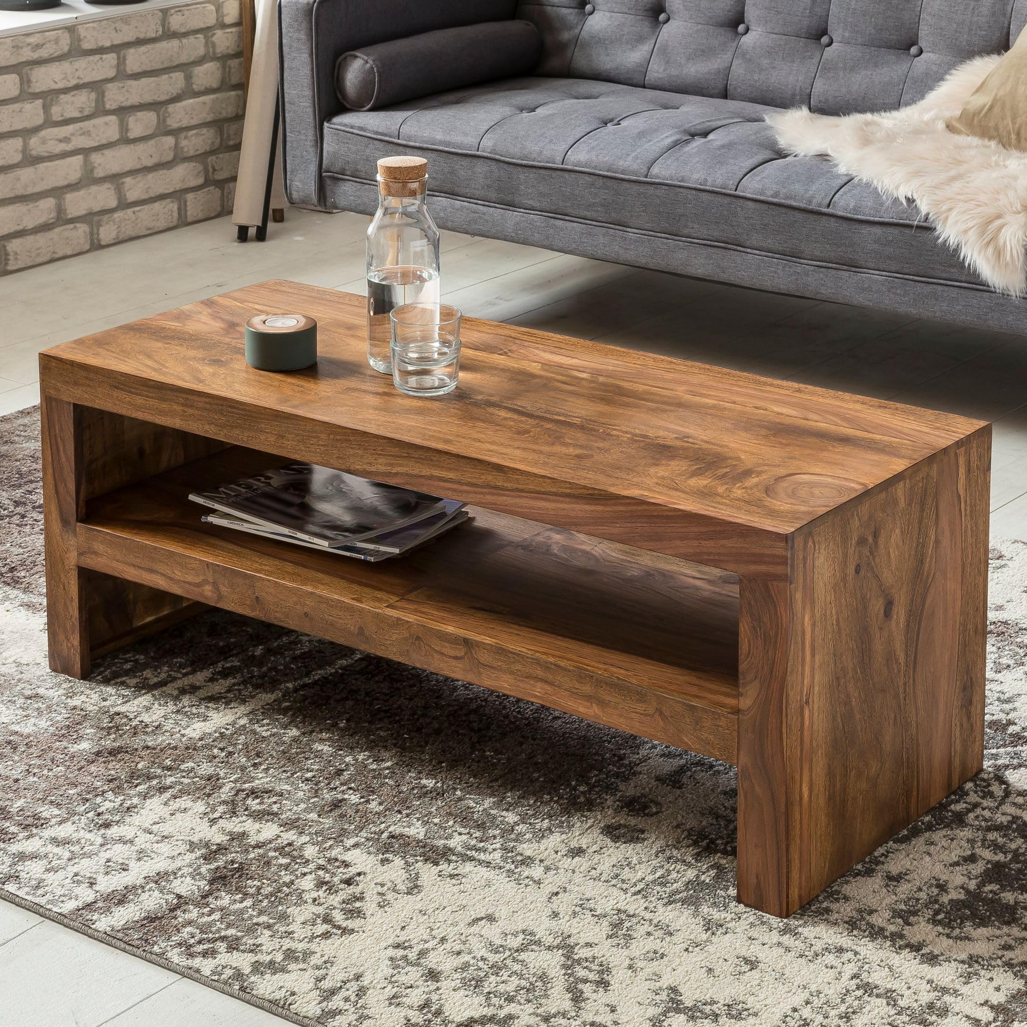 FineBuy Couchtisch 110x45x45 cm Sheesham Massivholz mit Ablagefach | rechteckiger Wohnzimmertisch im orientalischen Stil, Sofatisch aus Echtholz, handgefertigtes Unikat