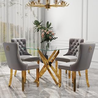 Clear Glass Top Dining Set for 4, 36'' Modern Luxury Square Dinner Room Set, 5 Piece Minimalist Kitchen Table Set, Grey High-end Tufted Chairs, for Living Room Small Apartment (Golden)