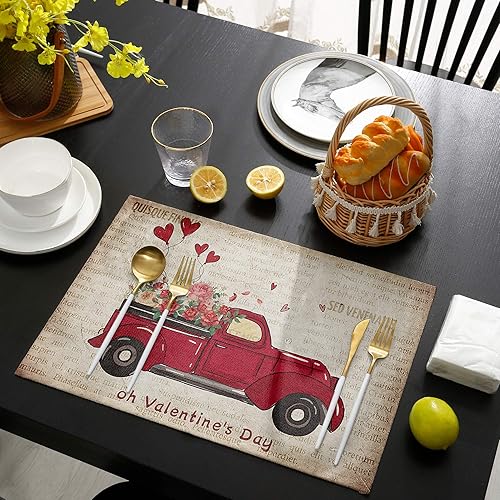 Vista 183 de Juego de 6 manteles individuales rojos para el día de San Valentín, diseño de corazón de San Valentín, resistentes al calor, lavables, manteles