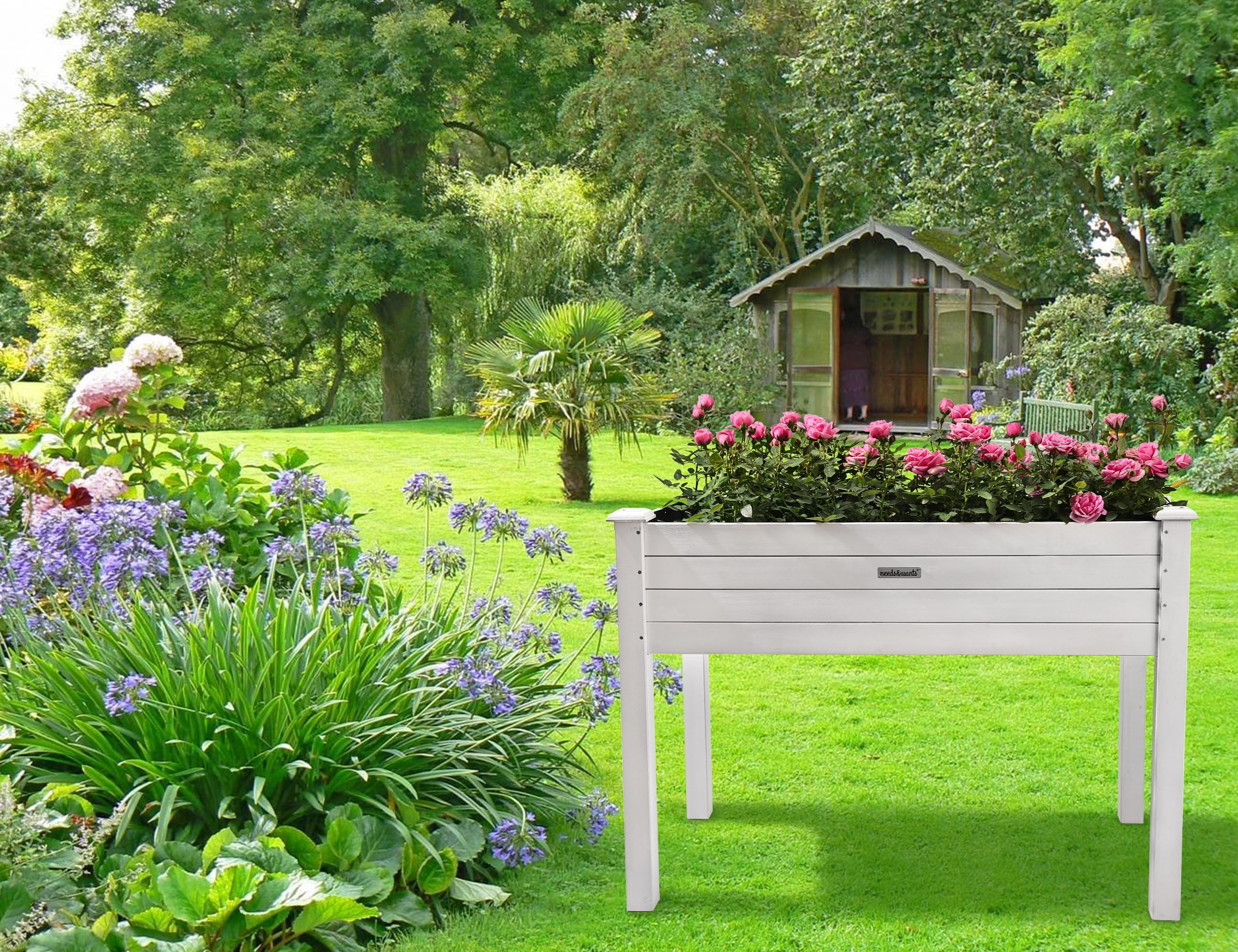 needs&wants® Huerto Urbano, Jardinera elevada de Madera para jardín, balcón o terraza, Kit de Maceta Rectangular Estrecha con lámina de vellón, Maceta Decorativa para Hierbas aromáticas, Color Blanco
